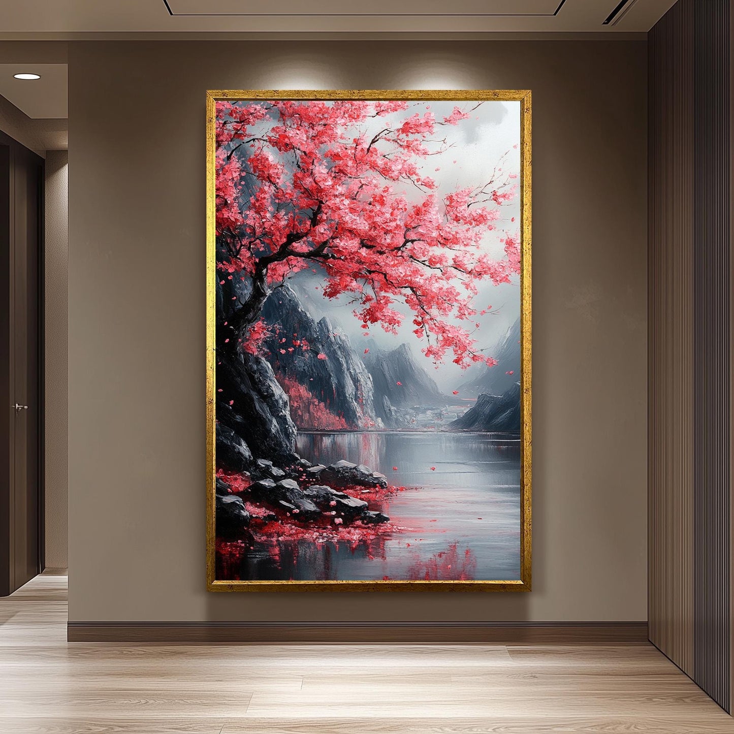 Japanese Cherry Blossom Painting, Tranquil Sakura Landscape Art, Sakura Wall Art Nature Canvas, Textured Floral Wall Decor, Zen Home Gift