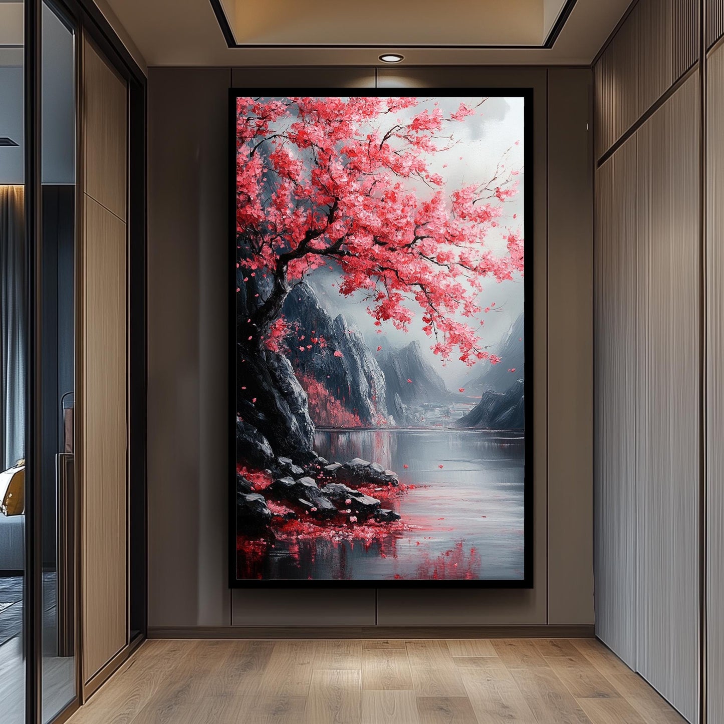 Japanese Cherry Blossom Painting, Tranquil Sakura Landscape Art, Sakura Wall Art Nature Canvas, Textured Floral Wall Decor, Zen Home Gift