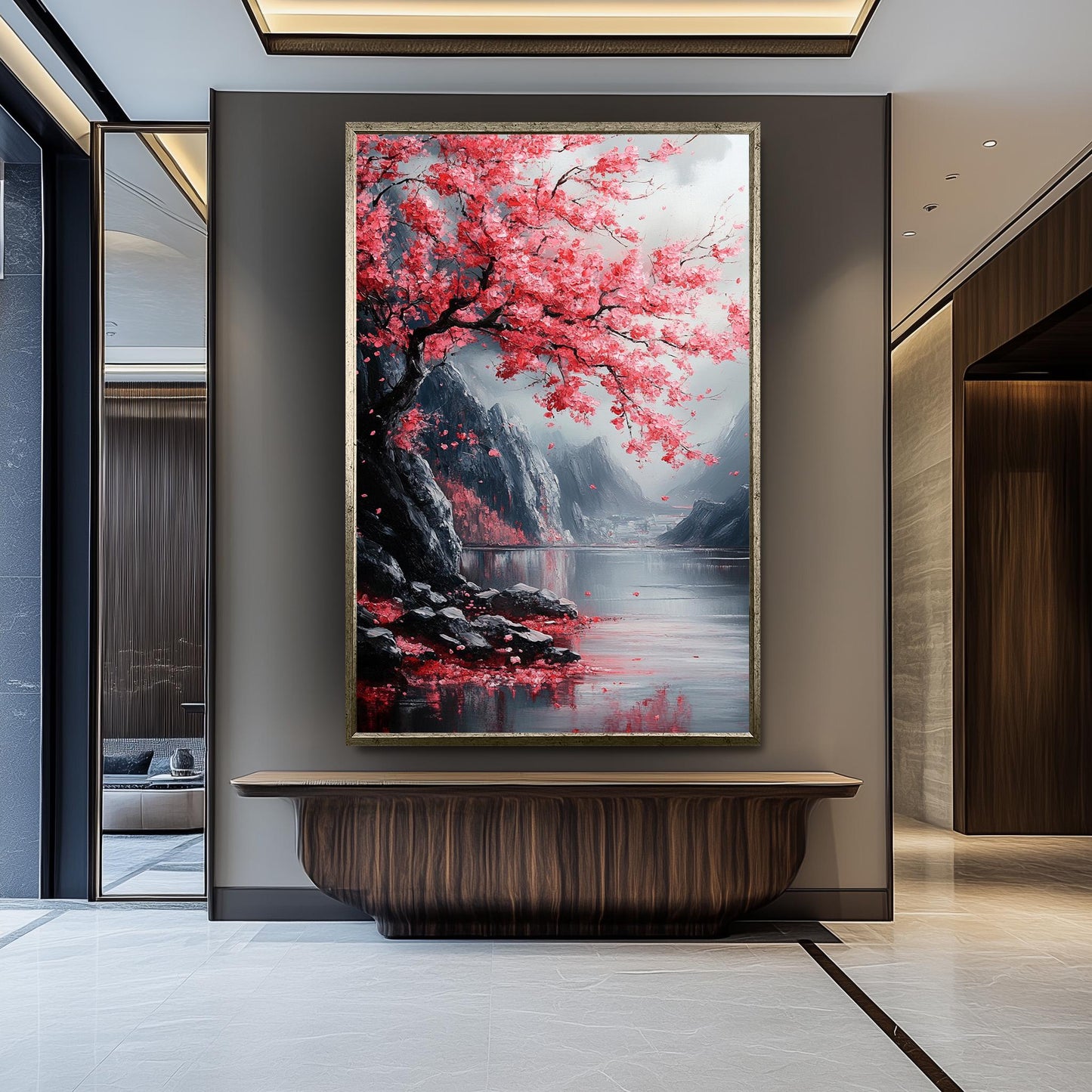 Japanese Cherry Blossom Painting, Tranquil Sakura Landscape Art, Sakura Wall Art Nature Canvas, Textured Floral Wall Decor, Zen Home Gift