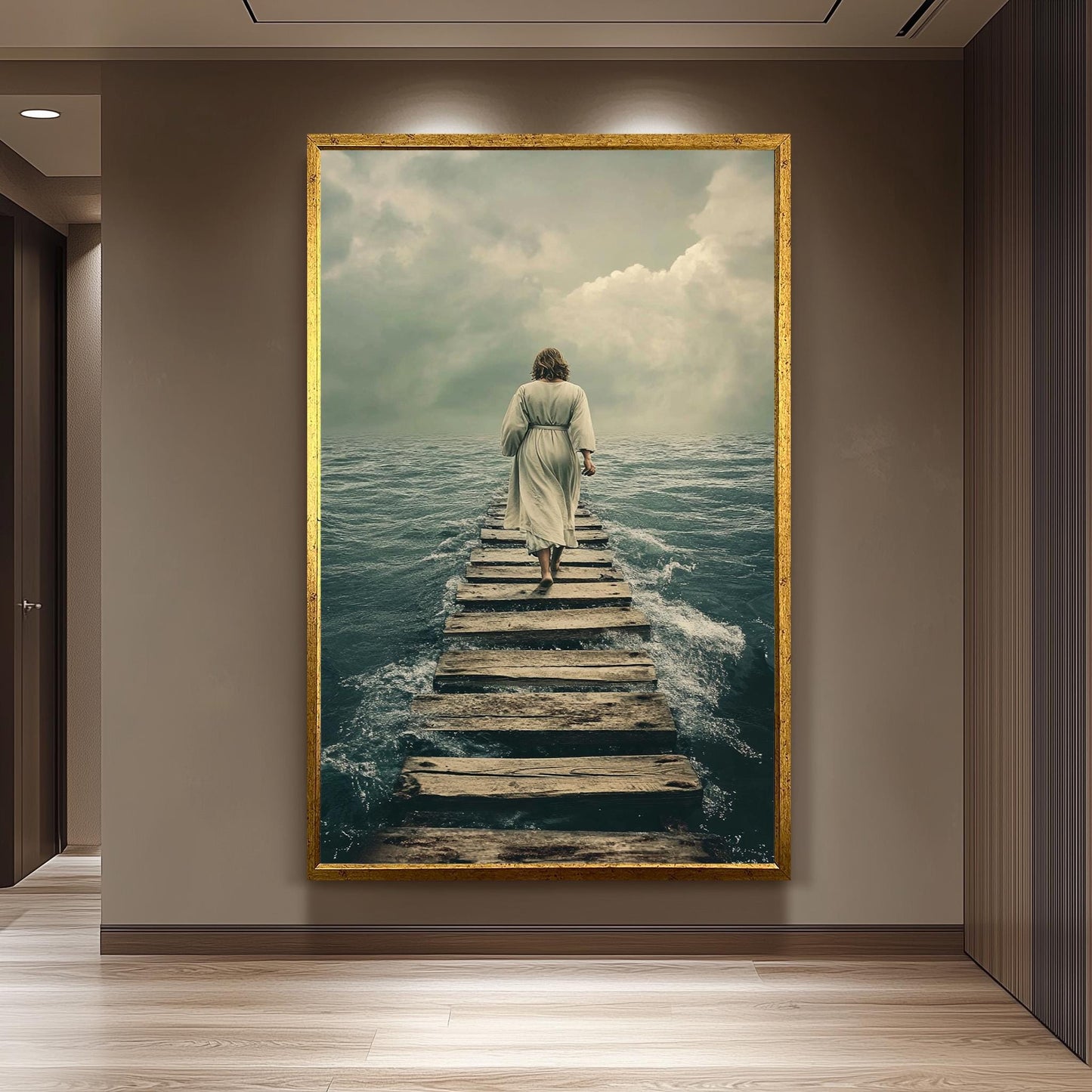 Jesus Walking on Water Pier Canvas Faithful Christian Wall Art for Spiritual Reflection, Religious Home Decor or Inspiring Gift Idea