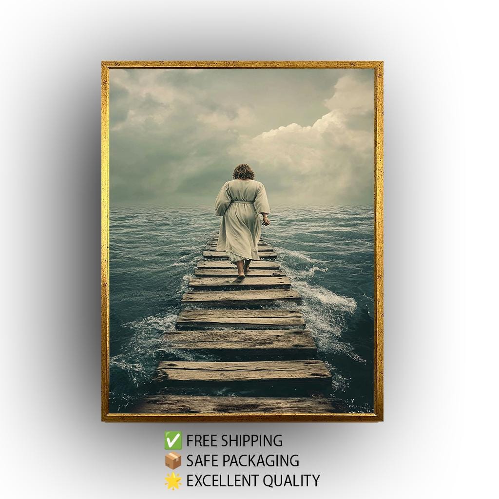 Jesus Walking on Water Pier Canvas Faithful Christian Wall Art for Spiritual Reflection, Religious Home Decor or Inspiring Gift Idea