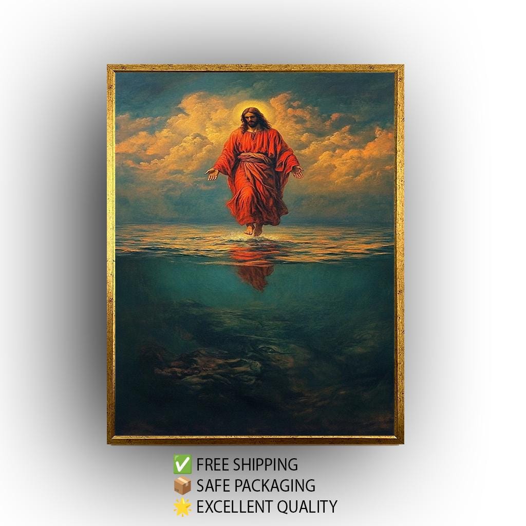 Jesus Walking on Water in Red Robe Canvas Bold Christian Wall Art for Faith-Inspired Home Decor, Religion Jesus Wall Art, Jesus On Water.