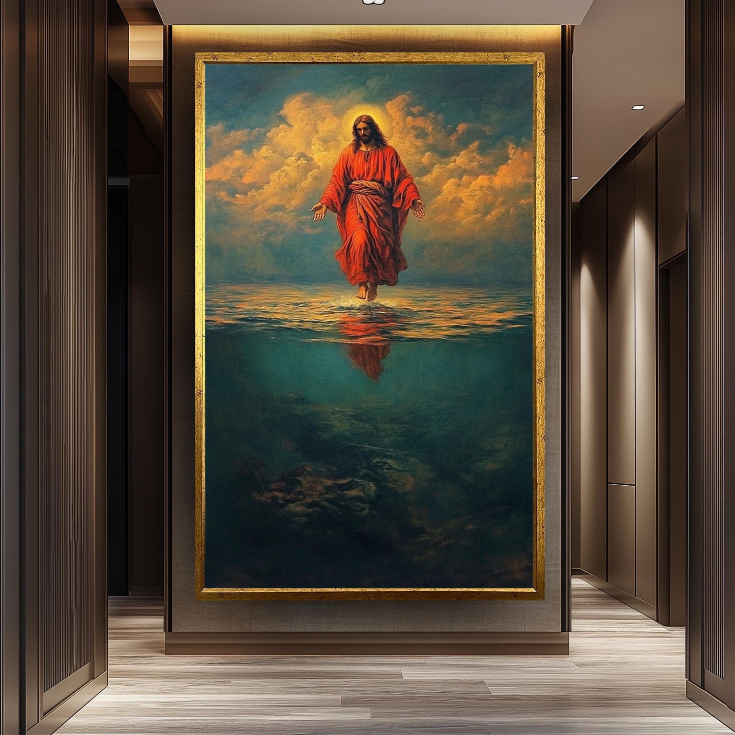 Jesus Walking on Water in Red Robe Canvas Bold Christian Wall Art for Faith-Inspired Home Decor, Religion Jesus Wall Art, Jesus On Water.