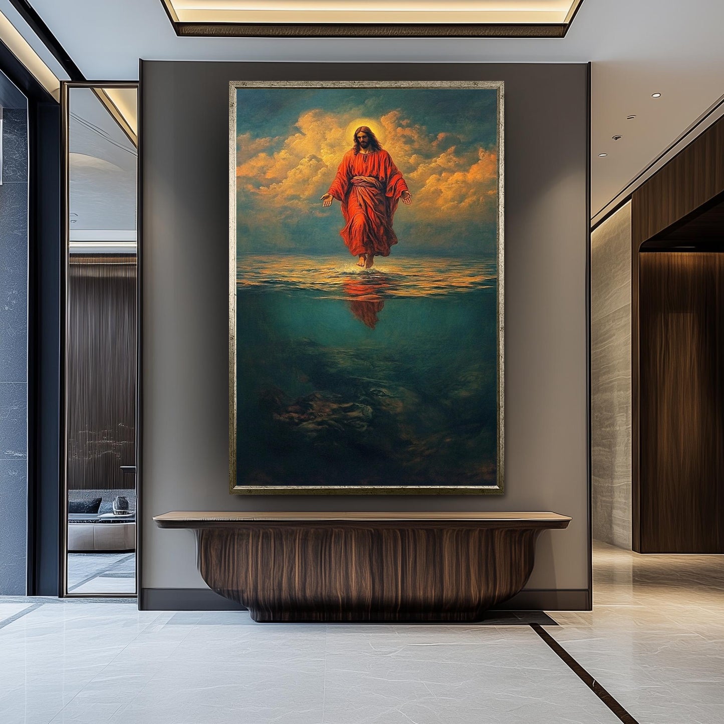 Jesus Walking on Water in Red Robe Canvas Bold Christian Wall Art for Faith-Inspired Home Decor, Religion Jesus Wall Art, Jesus On Water.