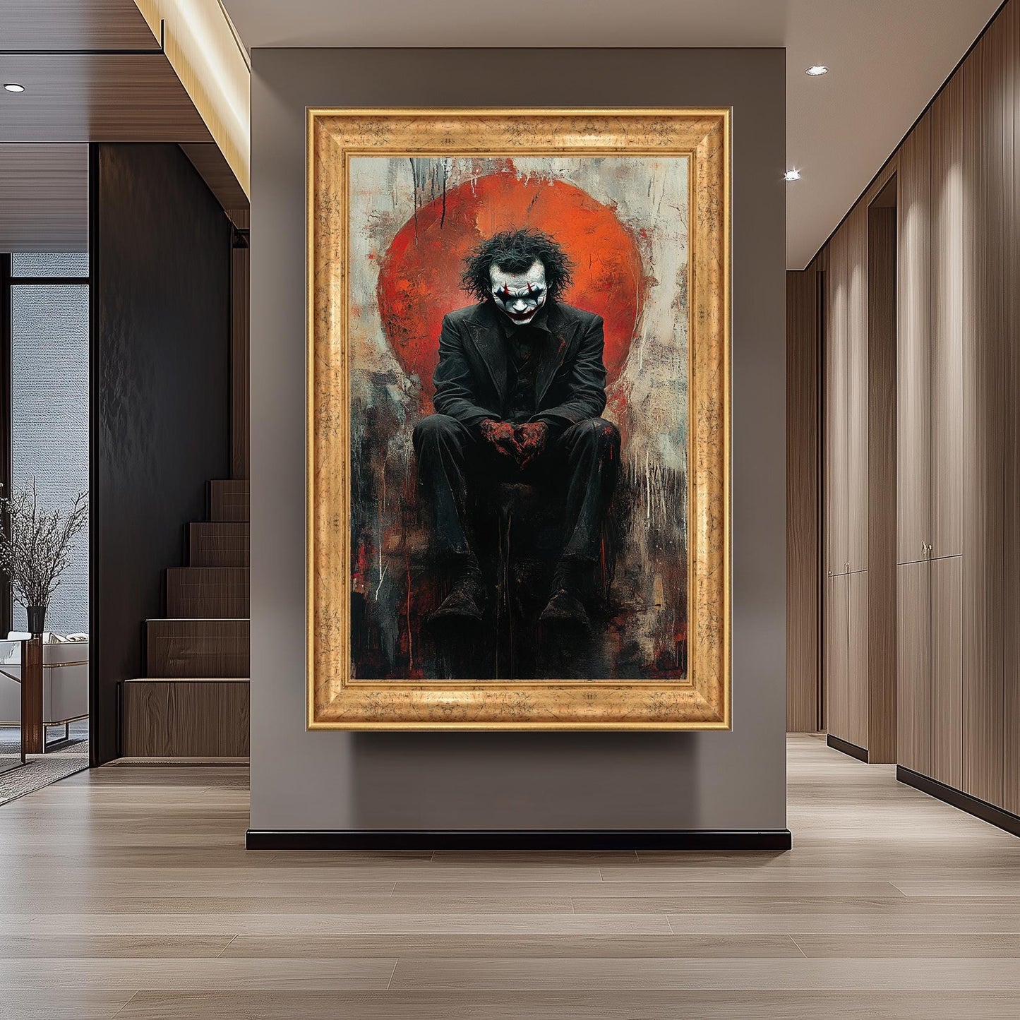 Dark Clown Sitting Canvas Art Gritty Abstract Villain Painting with Red Chaos, Gothic Pop Culture Wall Decor or Moody Fan Gift