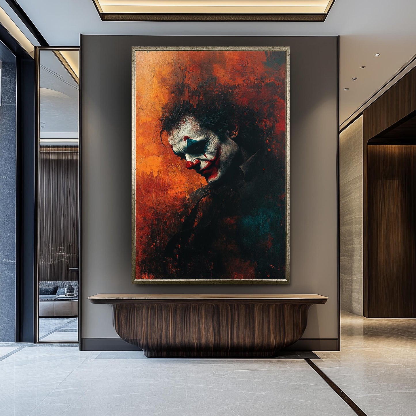 Sad Clown Canvas Wall Art Emotional Abstract Painting with Fiery Orange Background, Gothic Home Decor or Unique Pop Culture Gift Clown Art