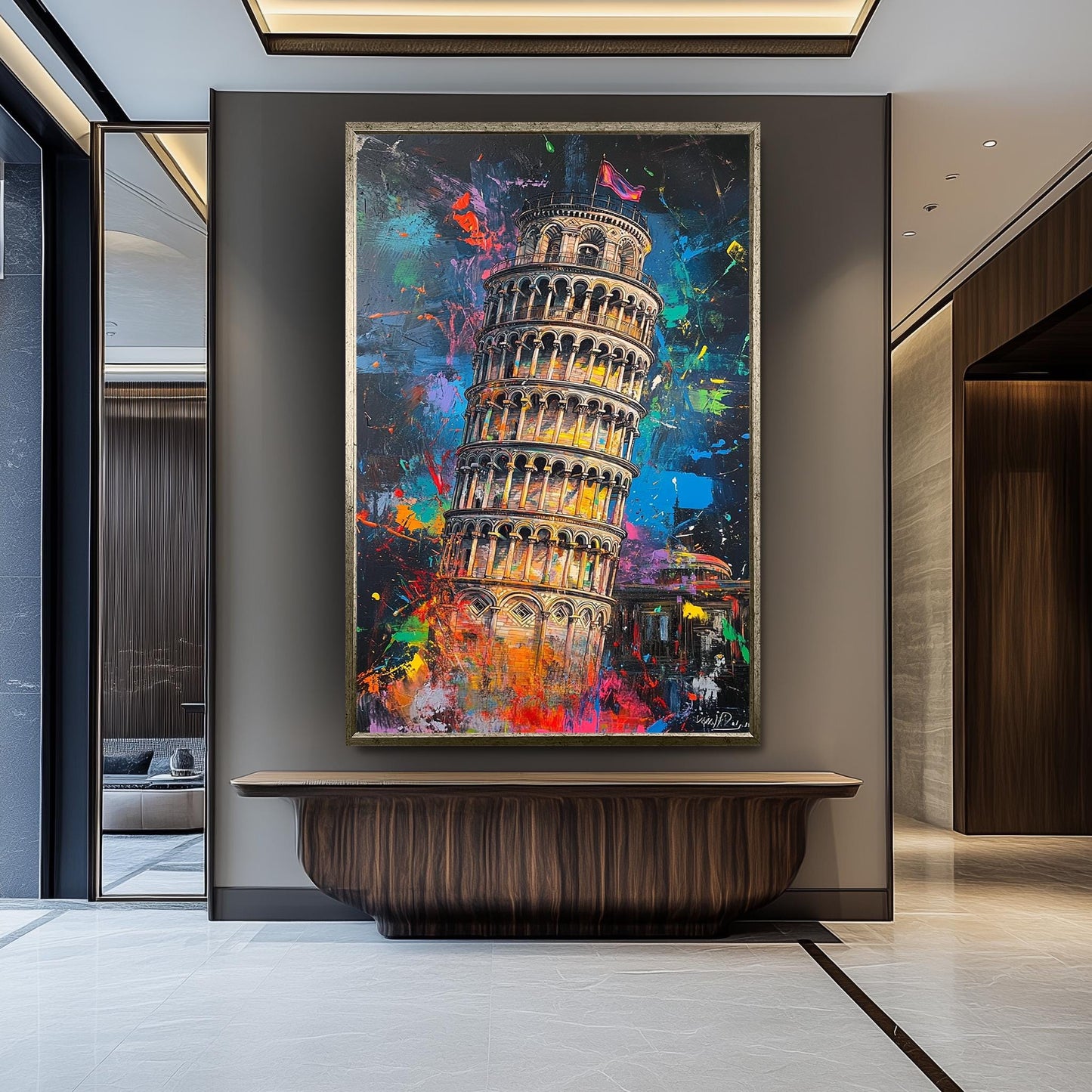 Colorful Leaning Tower of Pisa Wall Art Print, Vibrant Italy Landmark Canvas, Modern Abstract Travel Decor, Urban Splash Painting Poster