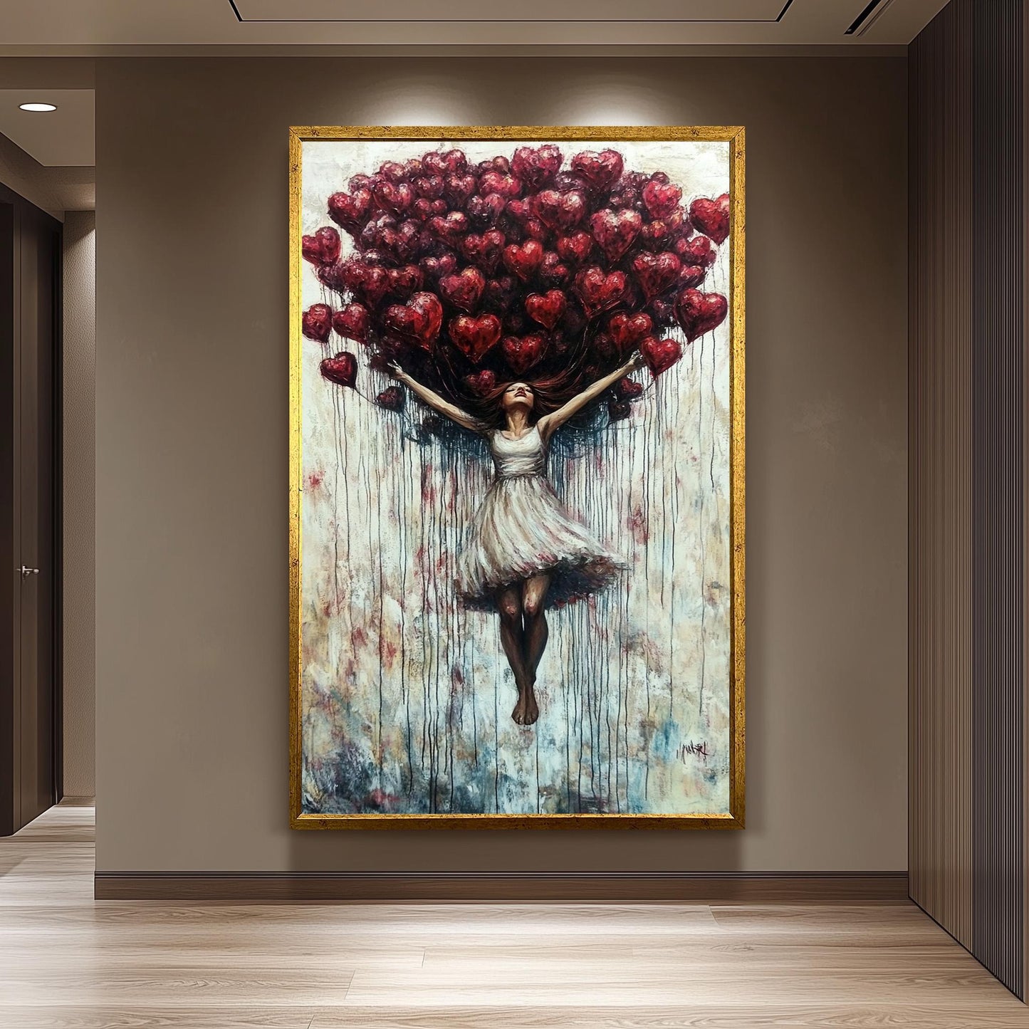 Woman with Heart Balloons Canvas Painting: Romantic Figurative Wall Art