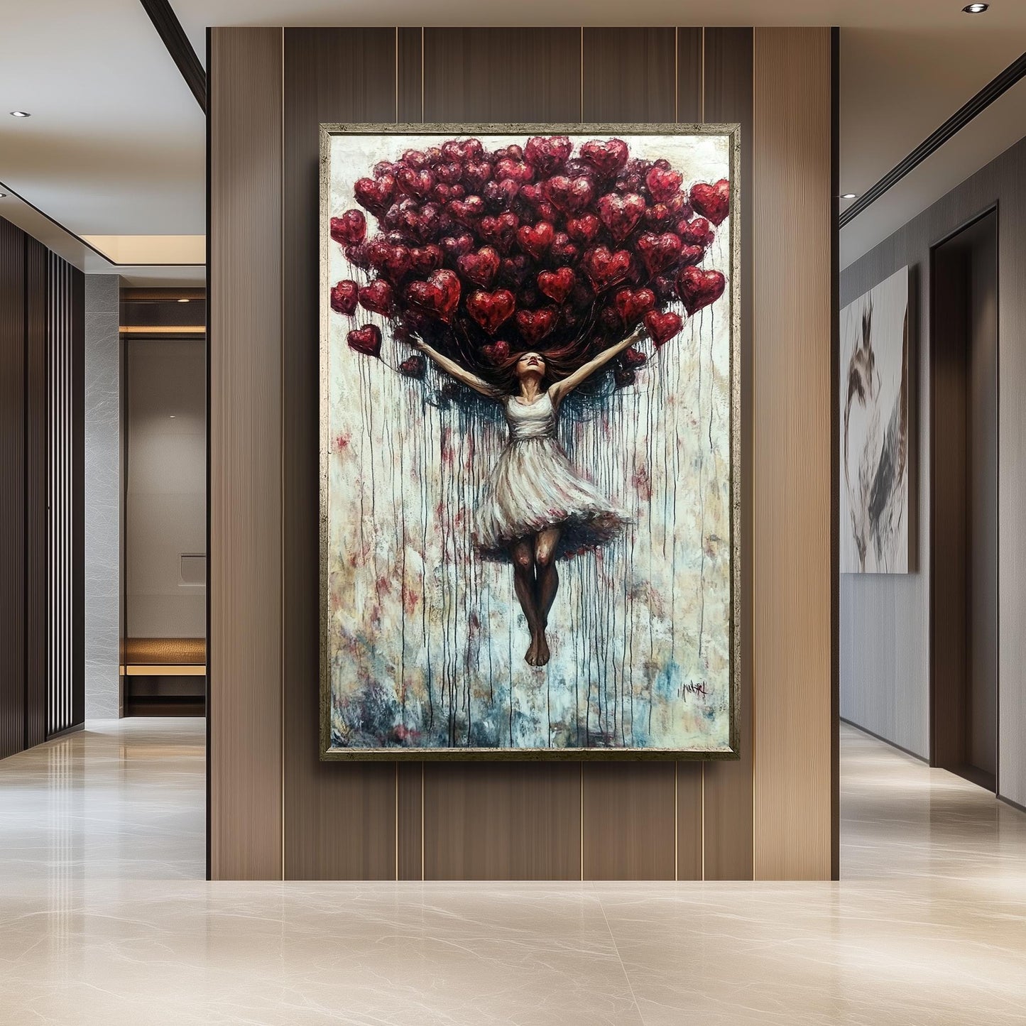 Woman with Heart Balloons Canvas Painting: Romantic Figurative Wall Art