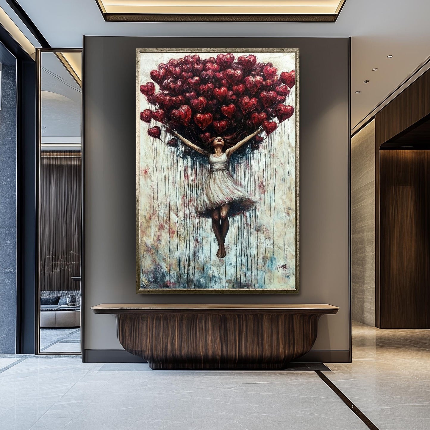 Woman with Heart Balloons Canvas Painting: Romantic Figurative Wall Art