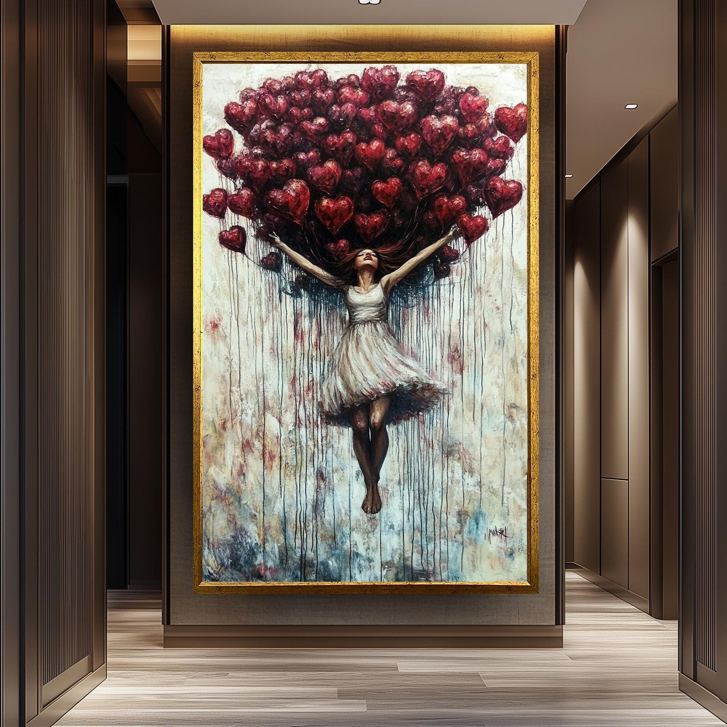 Woman with Heart Balloons Canvas Painting: Romantic Figurative Wall Art