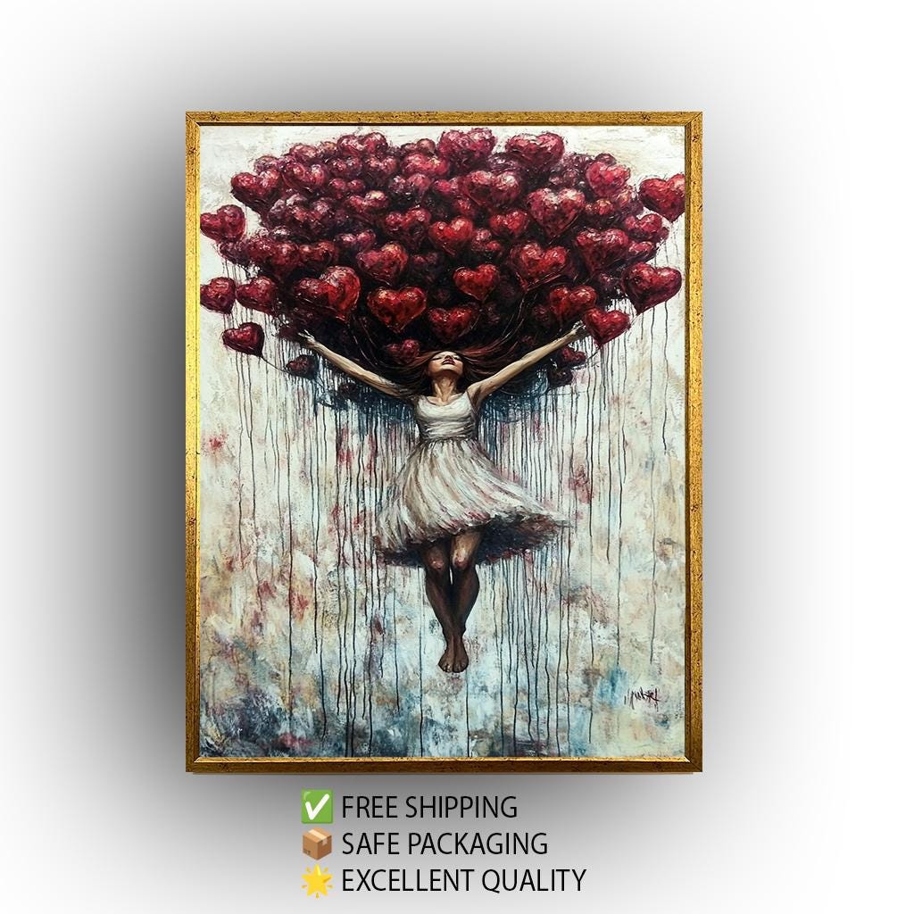 Woman with Heart Balloons Canvas Painting: Romantic Figurative Wall Art