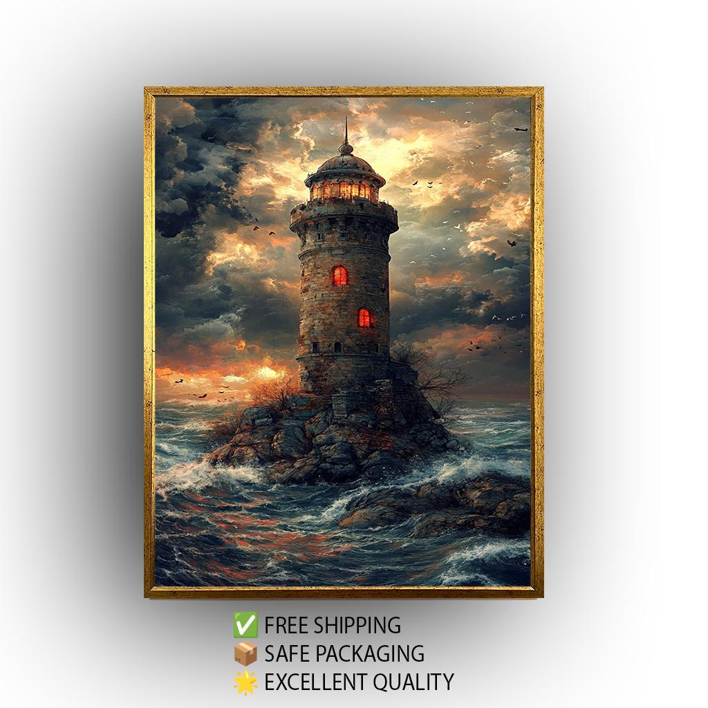 Mystical Lighthouse Wall Art Fantasy Ocean Tower Canvas Print, Dramatic Stormy Sea Painting for Nautical Themed Room Décor, Tower Wall Art.