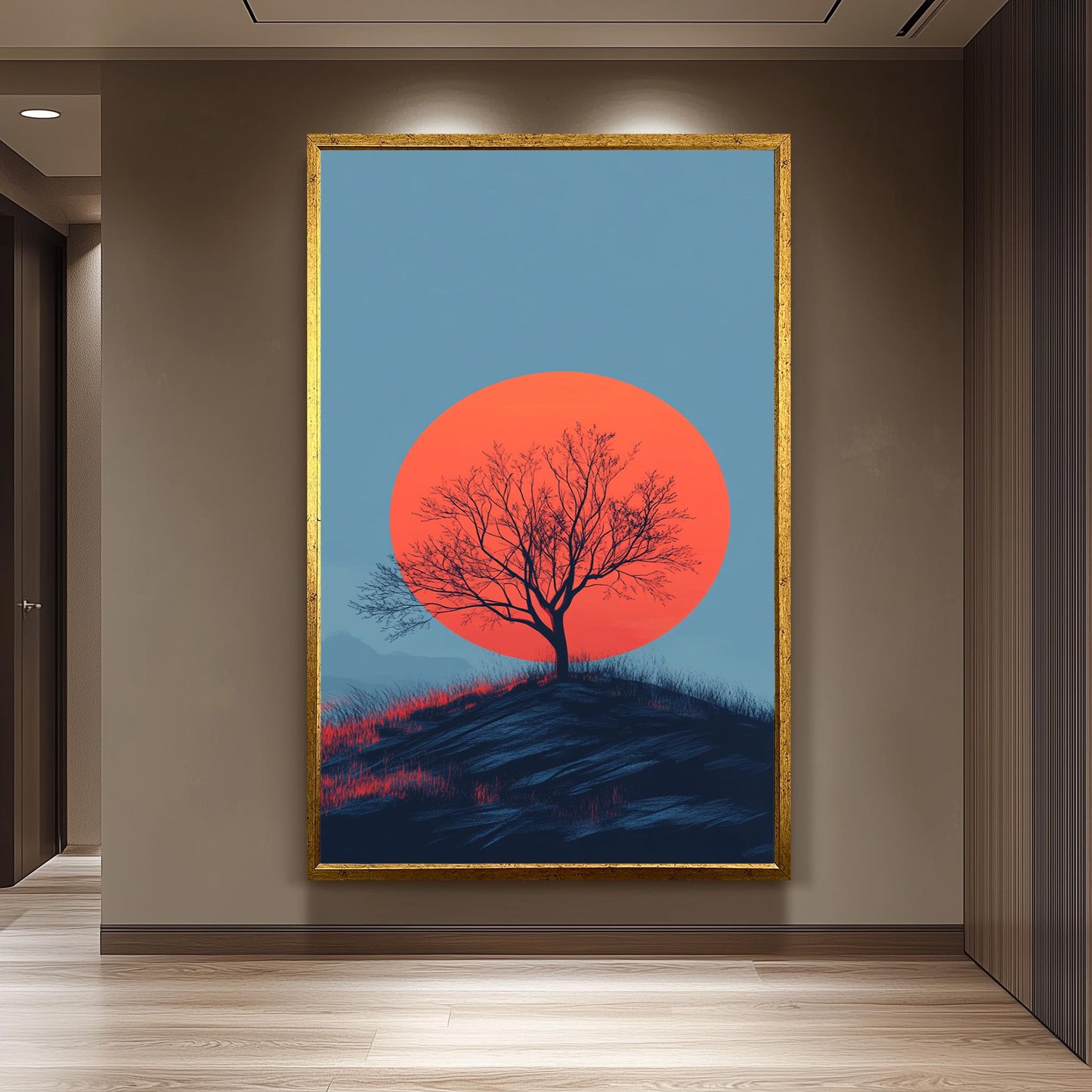 Minimalist Sunset Tree Canvas Print: Bold Red Sun Landscape