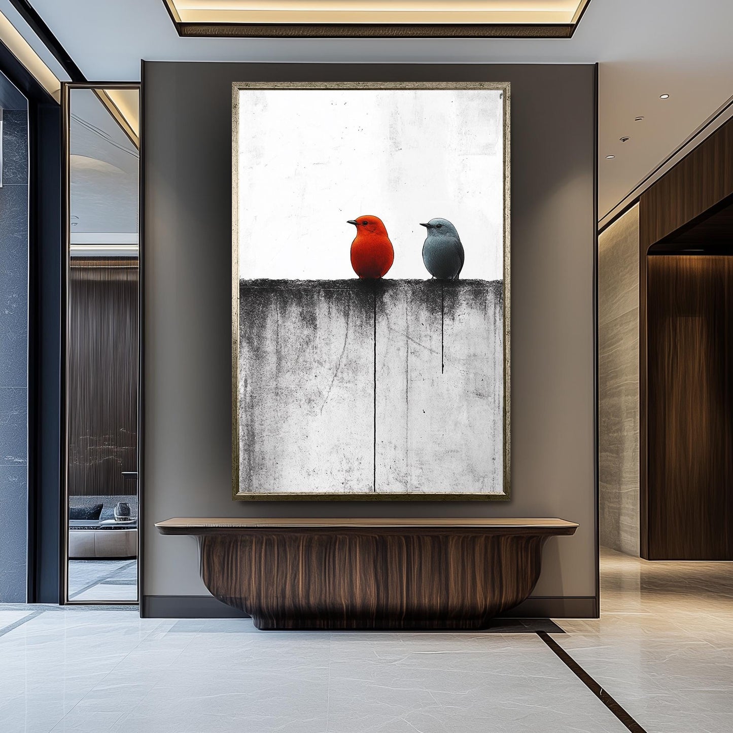 Minimalist Bird Wall Art Red and Blue Birds on Monochrome Fence Canvas Print, Modern Contrast Animal Painting for Contemporary Home Décor