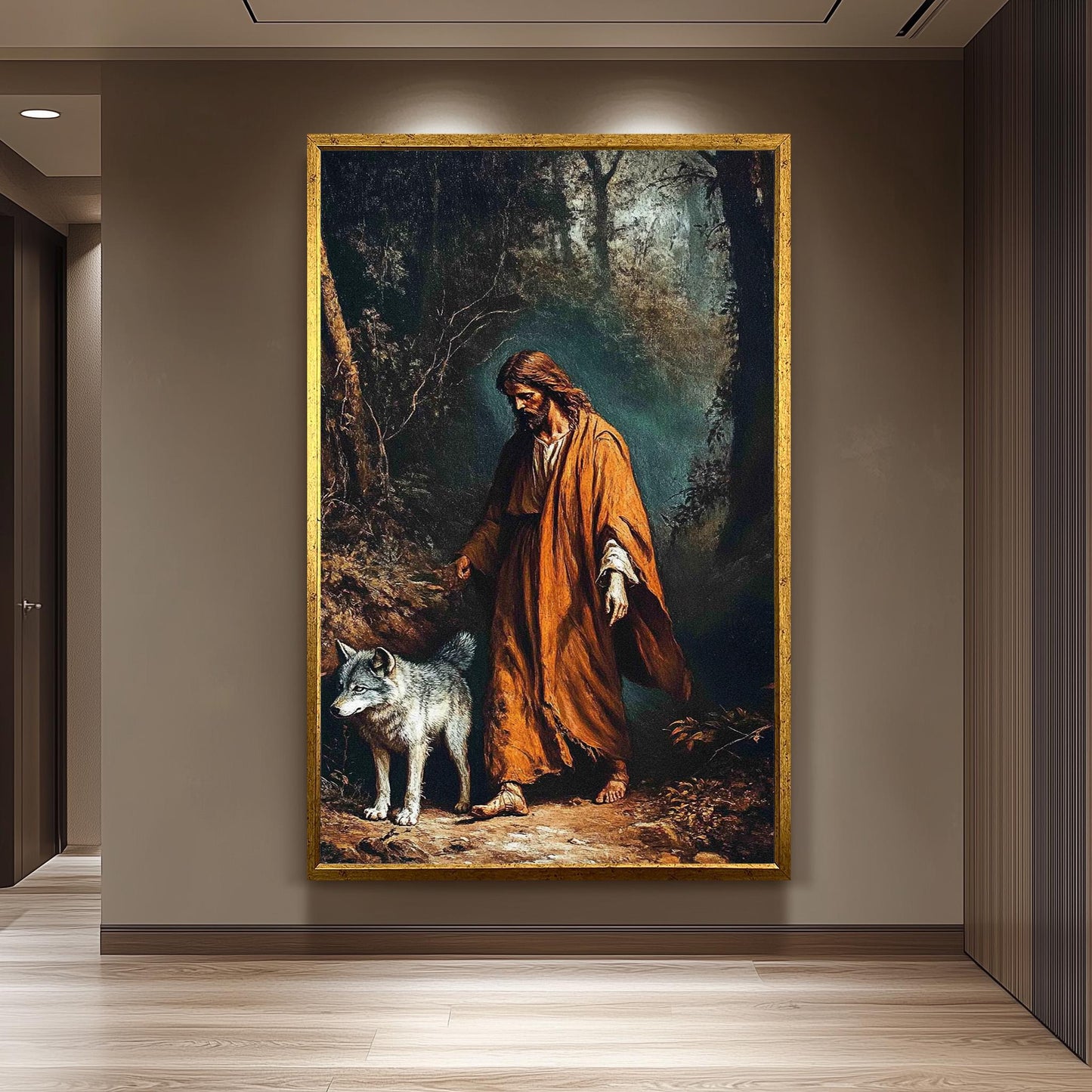 Jesus with Wolf Spiritual Wall Art Canvas Print, Symbolic Religious Painting of Shepherd and Wolf in Forest for Faith-Based Home Décor