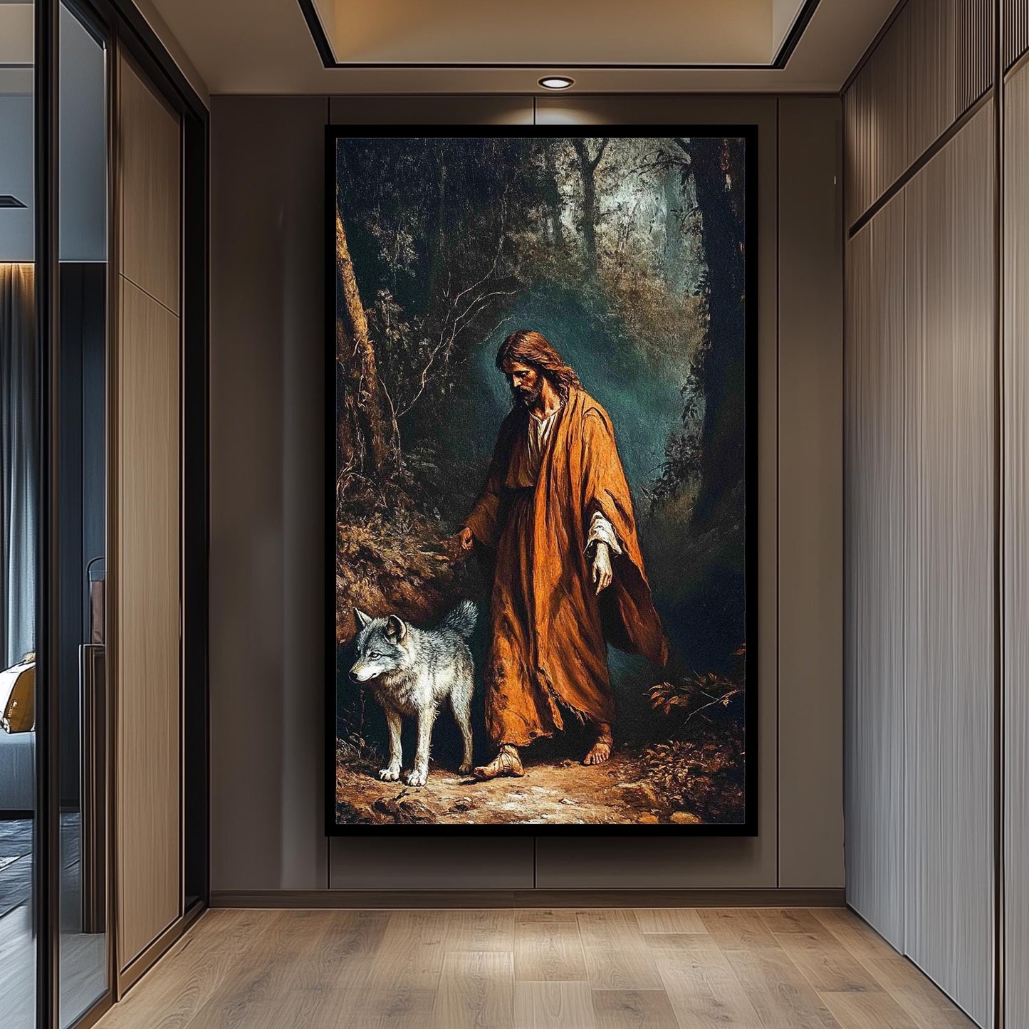 Jesus with Wolf Spiritual Wall Art Canvas Print, Symbolic Religious Painting of Shepherd and Wolf in Forest for Faith-Based Home Décor