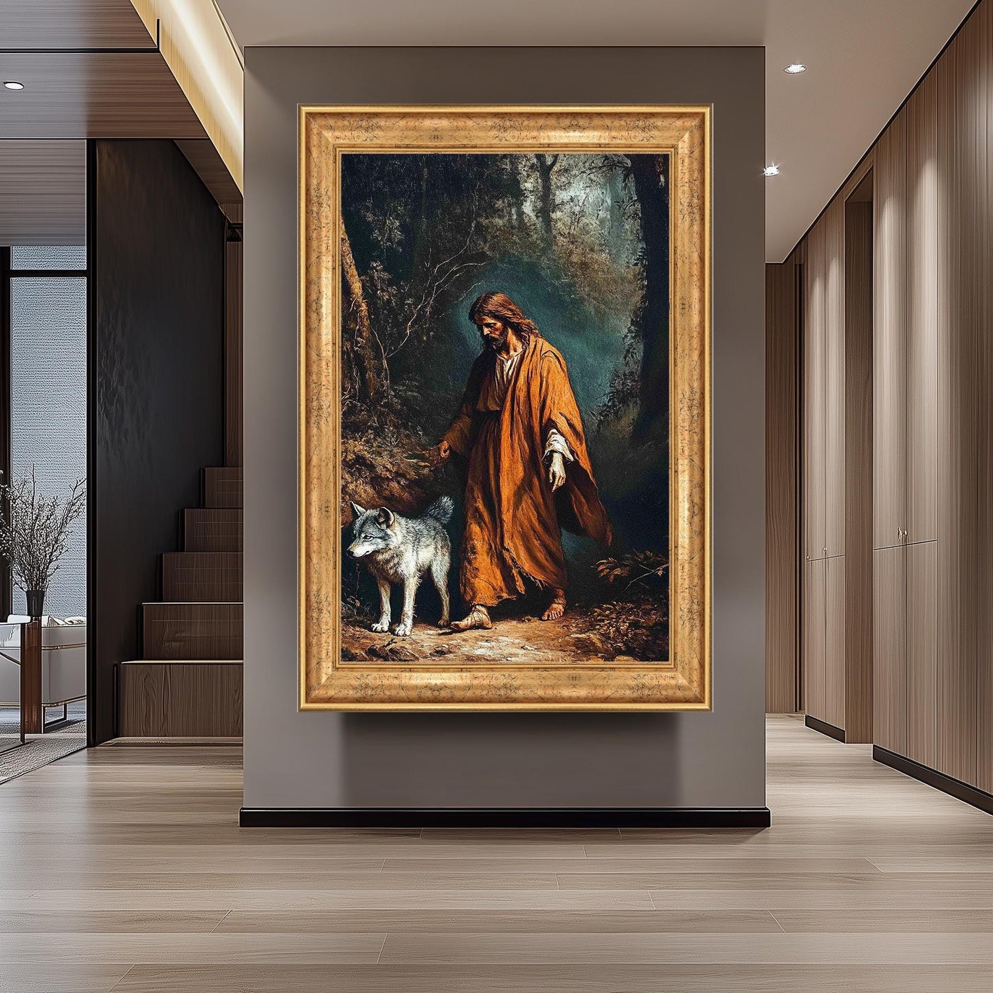 Jesus with Wolf Spiritual Wall Art Canvas Print, Symbolic Religious Painting of Shepherd and Wolf in Forest for Faith-Based Home Décor