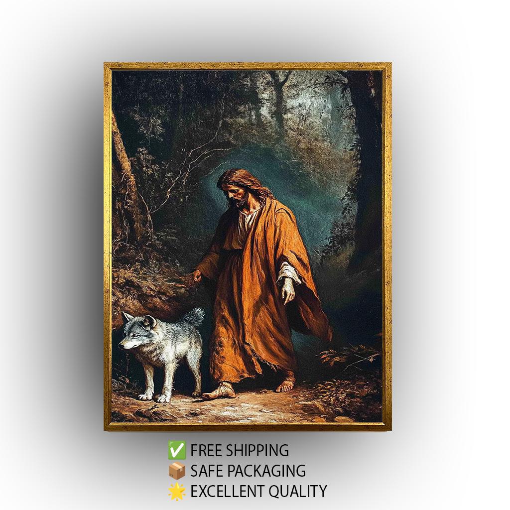 Jesus with Wolf Spiritual Wall Art Canvas Print, Symbolic Religious Painting of Shepherd and Wolf in Forest for Faith-Based Home Décor