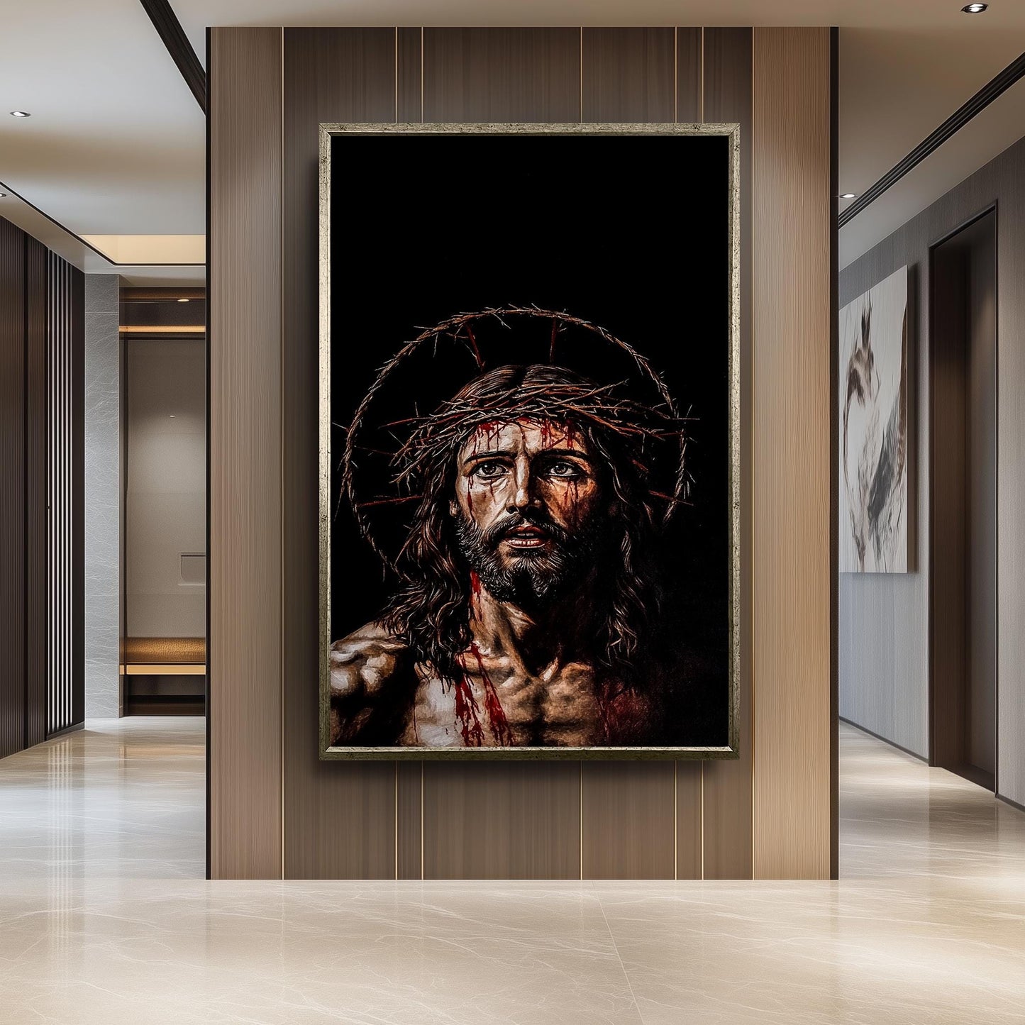 Jesus Crown of Thorns Wall Art Canvas Print, Powerful Religious Painting of Christ's Suffering with Dark Background for Spiritual Home Décor