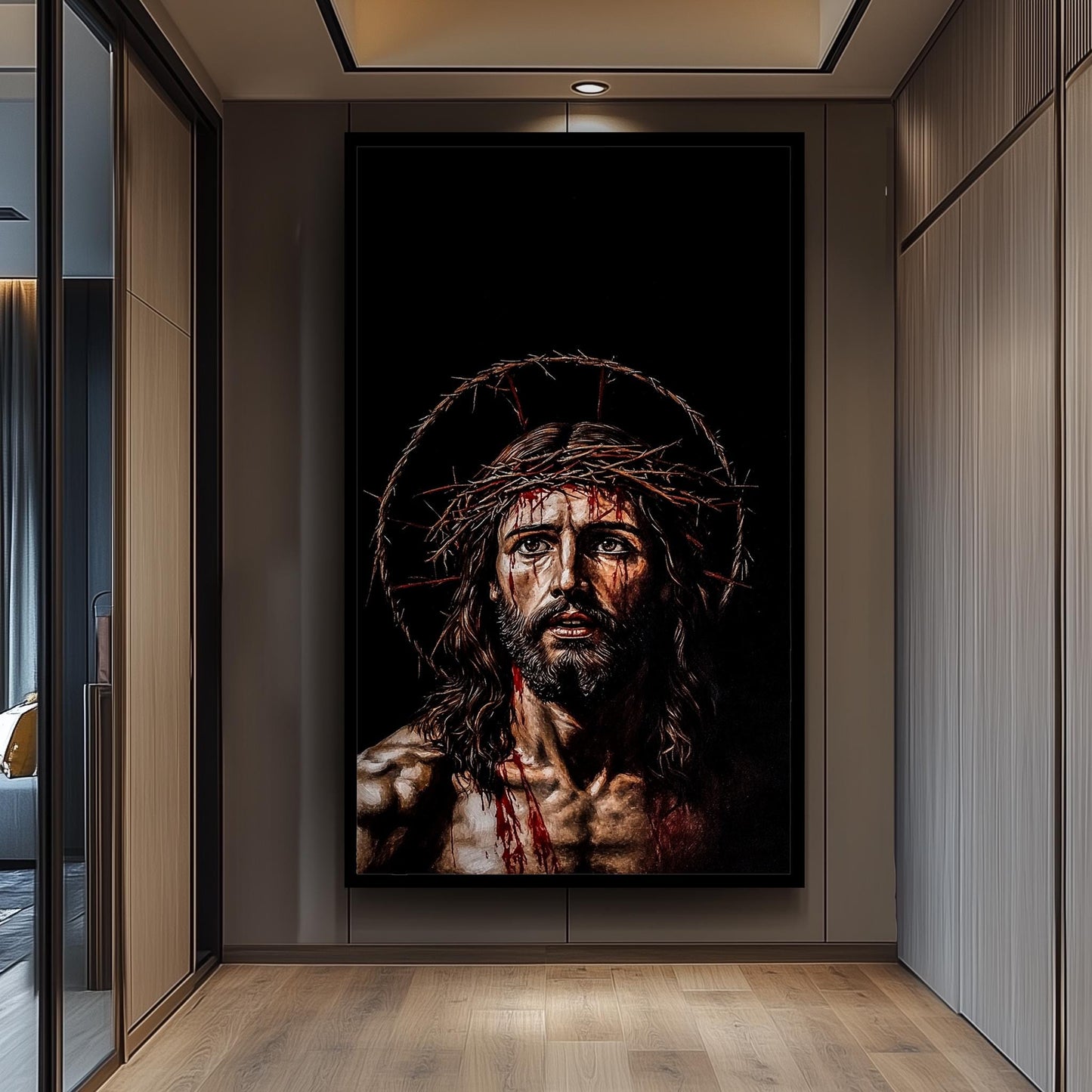 Jesus Crown of Thorns Wall Art Canvas Print, Powerful Religious Painting of Christ's Suffering with Dark Background for Spiritual Home Décor