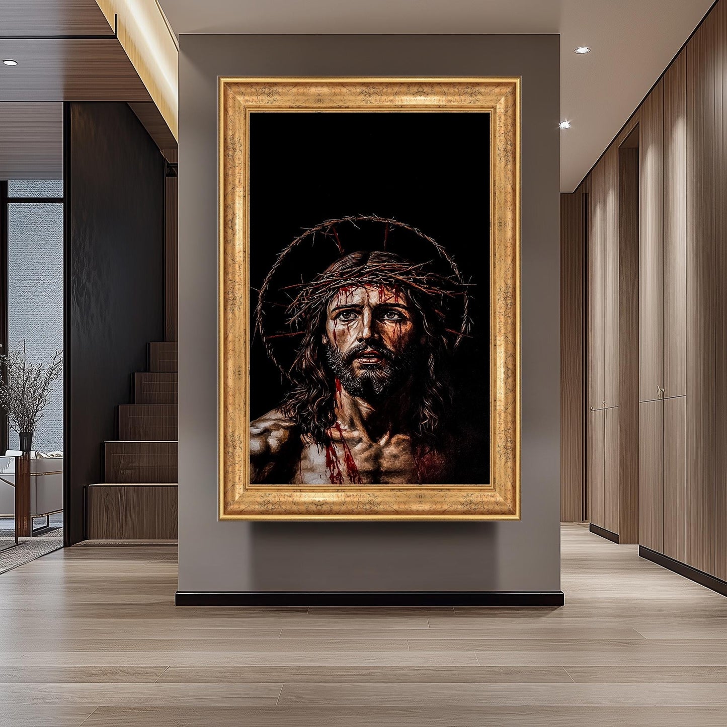 Jesus Crown of Thorns Wall Art Canvas Print, Powerful Religious Painting of Christ's Suffering with Dark Background for Spiritual Home Décor