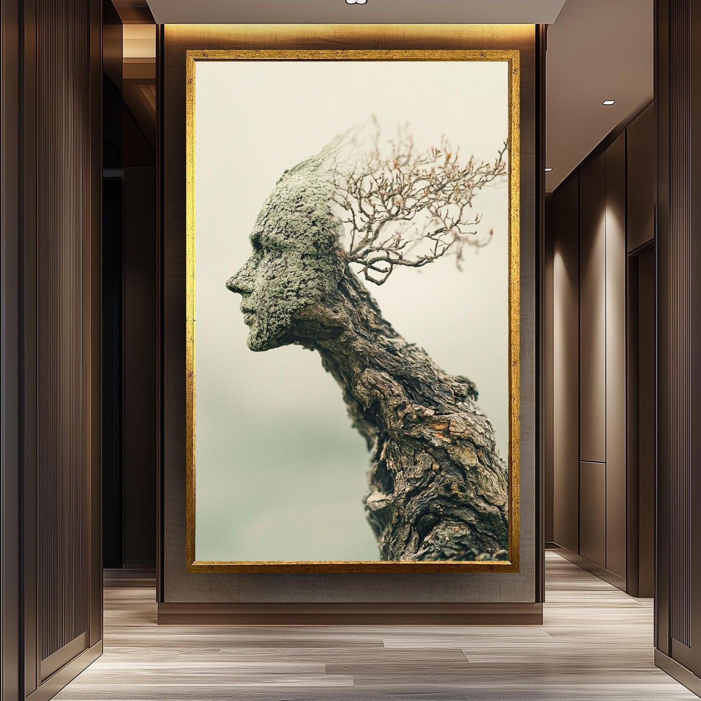 Surreal Tree Human Face Wall Art Nature Spirit Canvas Print, Abstract Wooden Sculpture Portrait for Organic and Earthy Home Décor, Tree Art