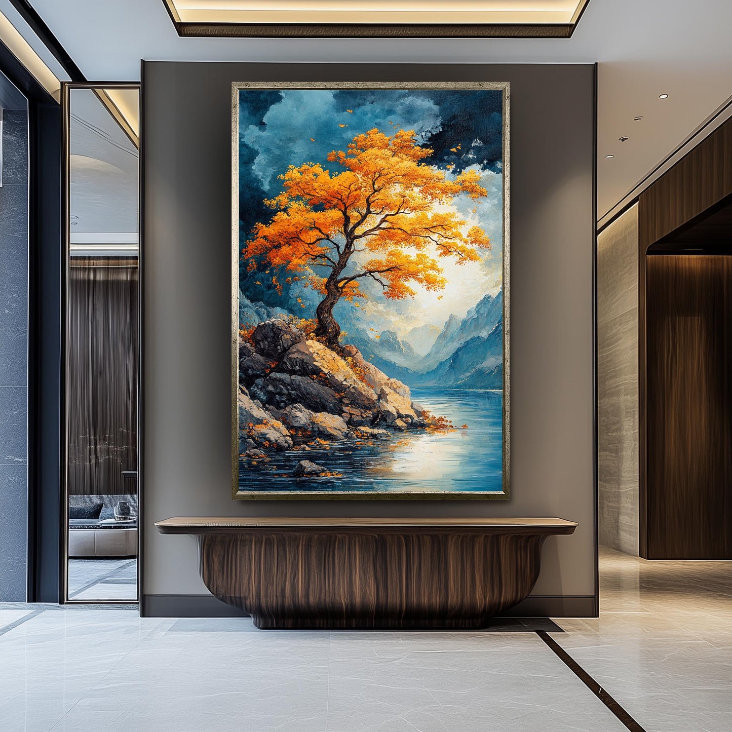 Golden Tree Landscape Wall Art Autumn Mountain Lake Canvas Print, Vibrant Nature Painting with Blue Sky and Rocky Shore for Home Décor
