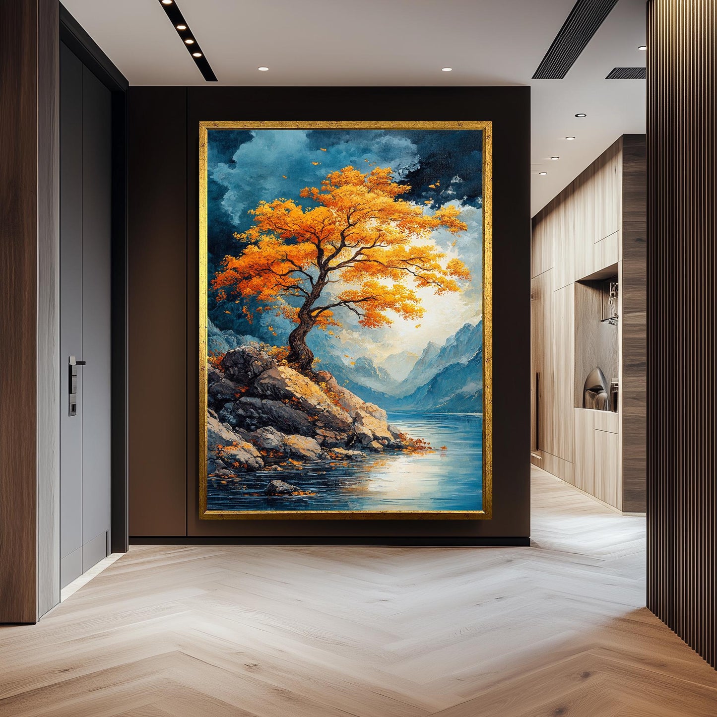 Golden Tree Landscape Wall Art Autumn Mountain Lake Canvas Print, Vibrant Nature Painting with Blue Sky and Rocky Shore for Home Décor