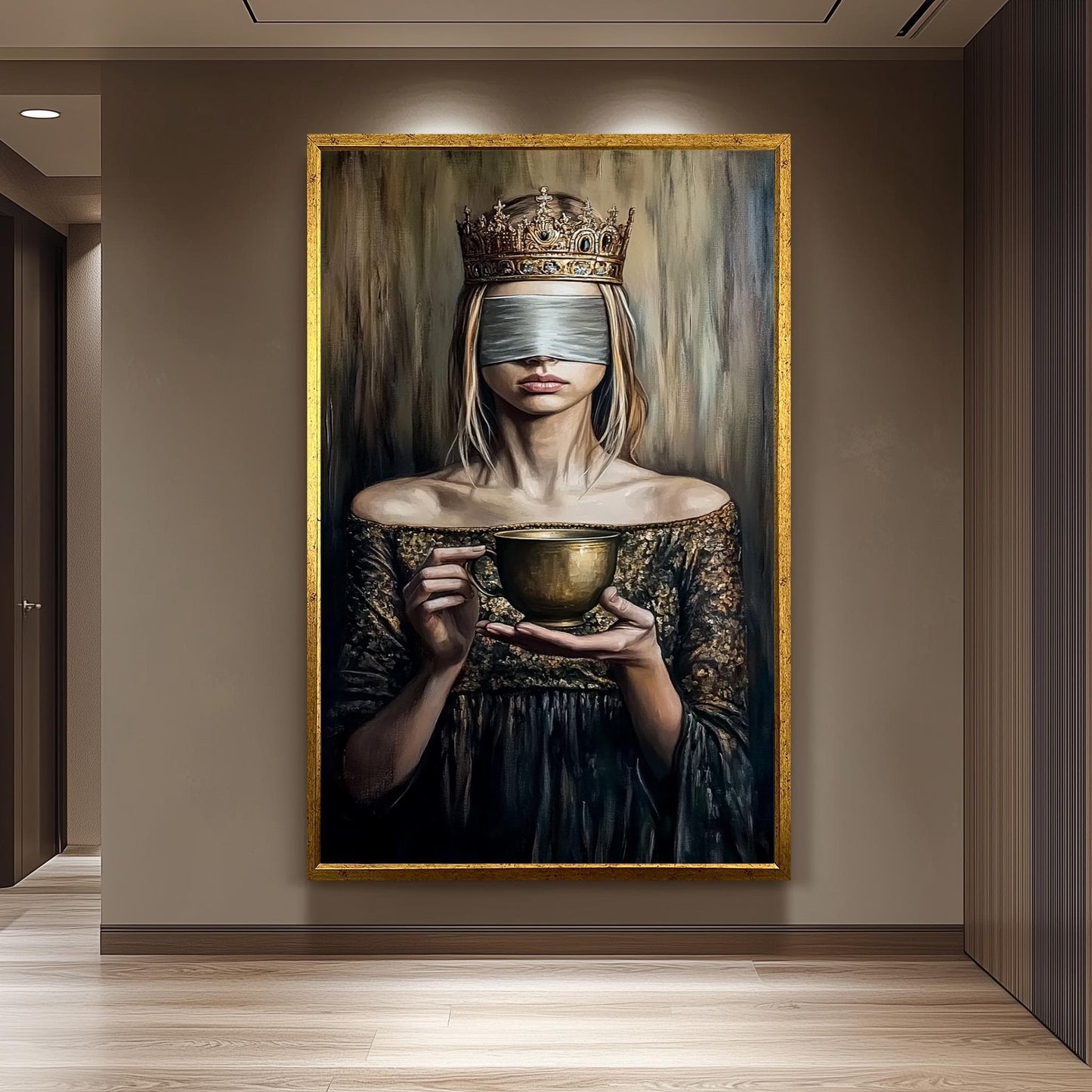 Blindfolded Queen Wall Art Regal Woman Holding Golden Cup Canvas Print, Mysterious Symbolic Oil Painting for Elegant and Dark Modern Décor
