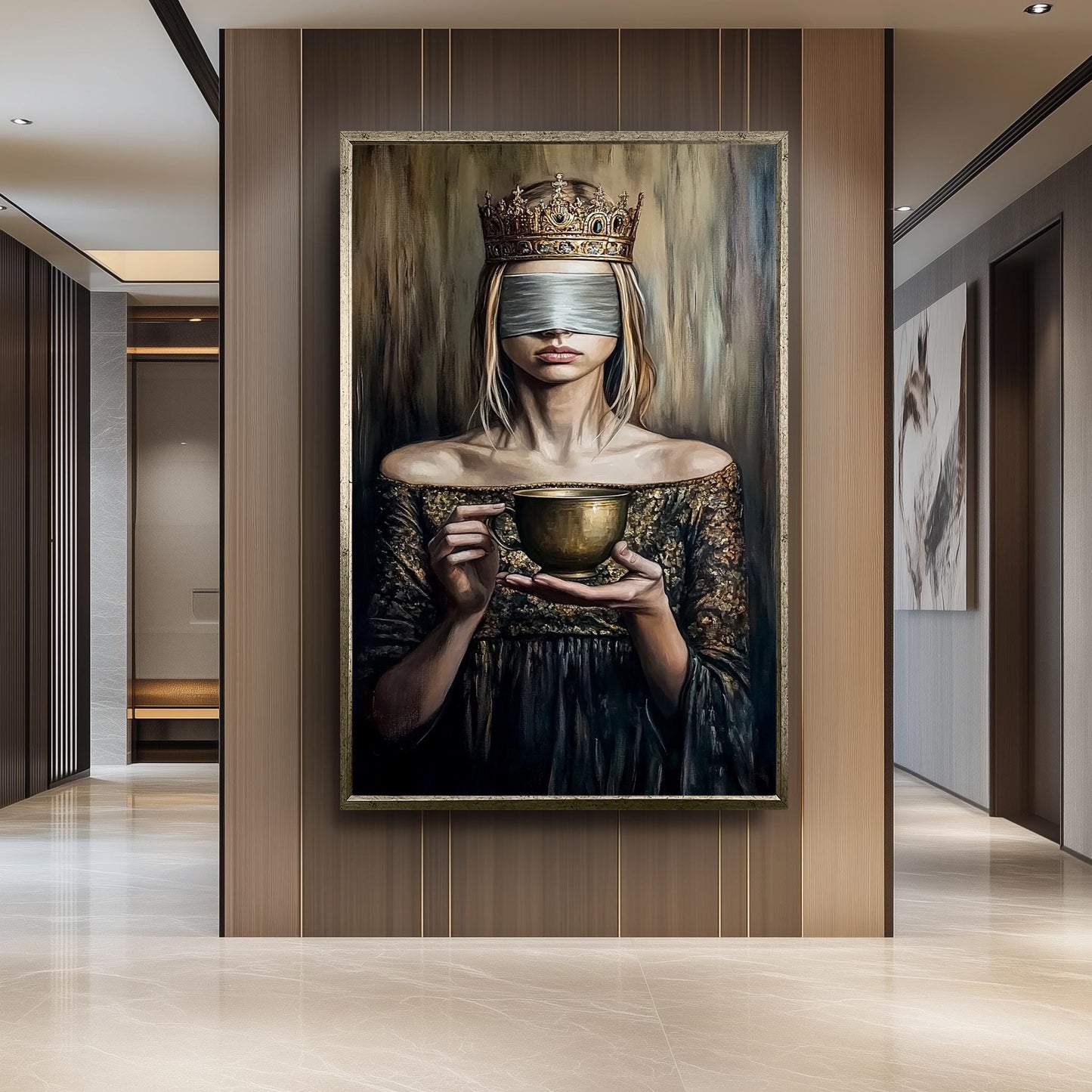 Blindfolded Queen Wall Art Regal Woman Holding Golden Cup Canvas Print, Mysterious Symbolic Oil Painting for Elegant and Dark Modern Décor