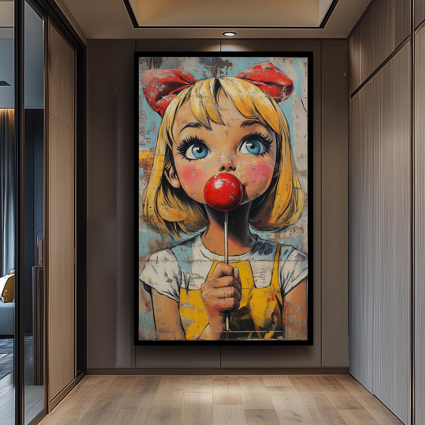 Pop Art Girl with Lollipop Canvas Print: Retro Cartoon Portrait