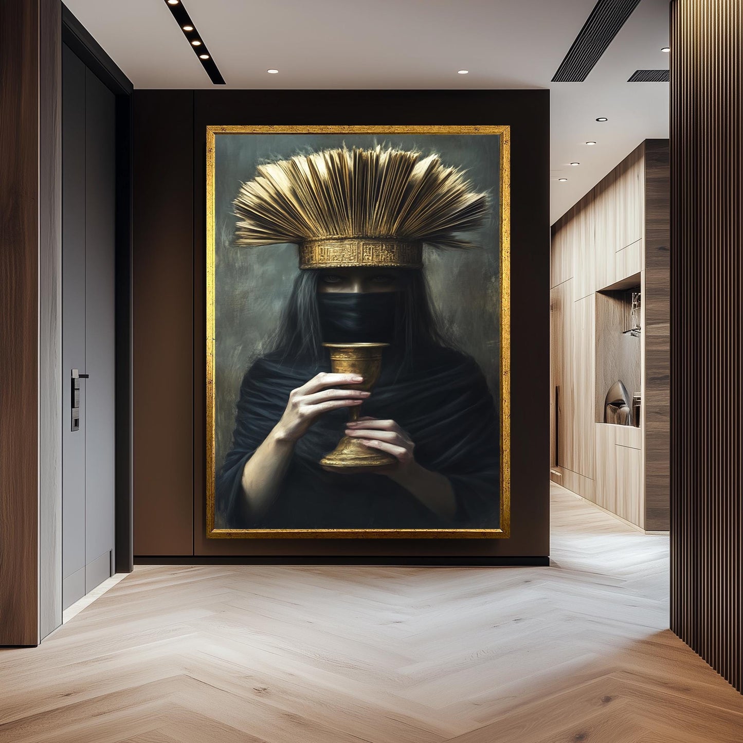 Veiled Woman Portrait: Dark Fantasy Art, Golden Chalice, Regal Crown