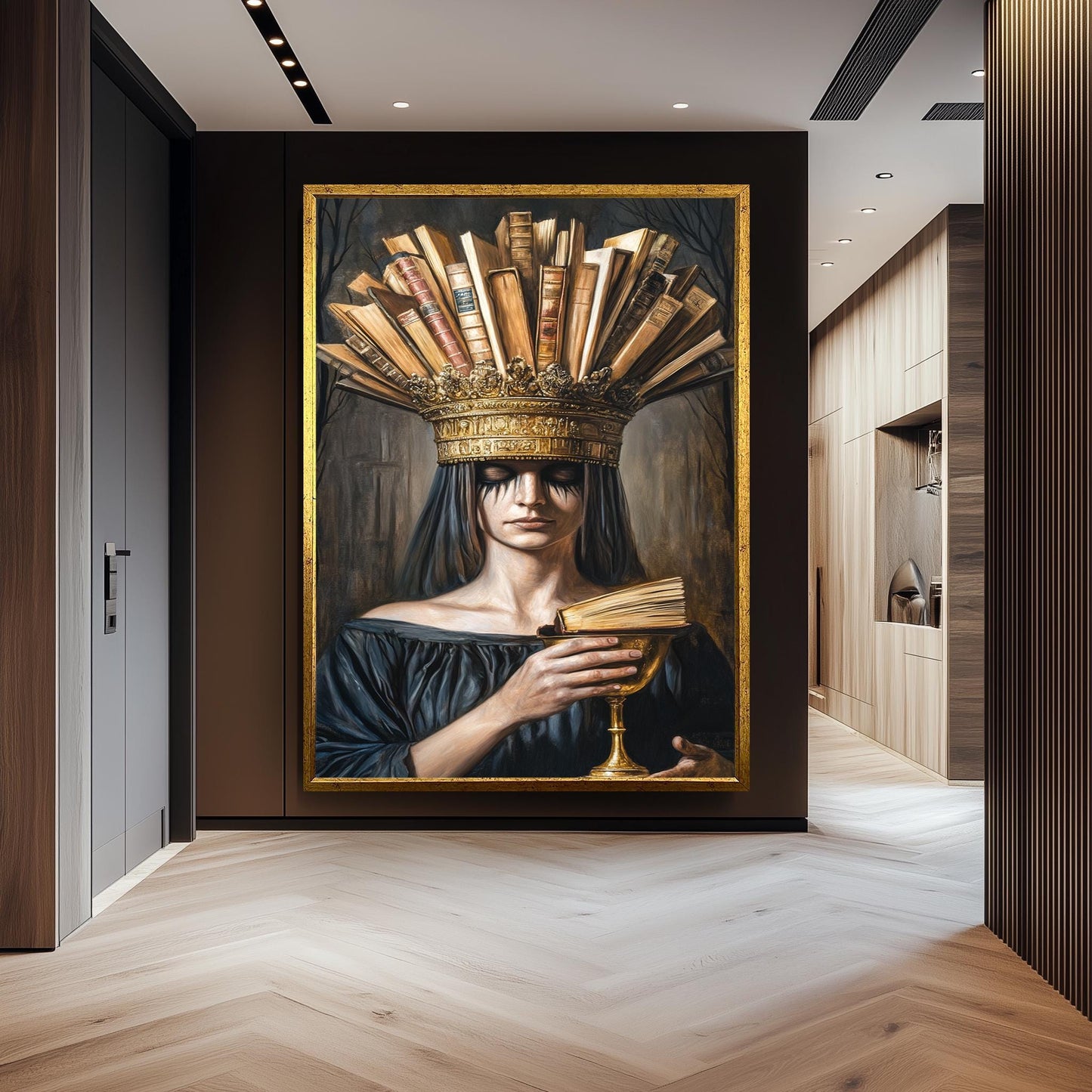 Surreal Portrait Wall Art of Mysterious Woman with Book Crown and Golden Chalice in Dark Academic Gothic Fantasy Aesthetic, Crown Woman Art