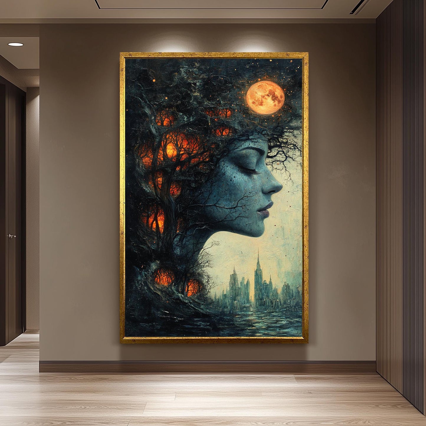 Surreal Woman Forest Canvas Art: Dreamlike Cityscape Wall Decor