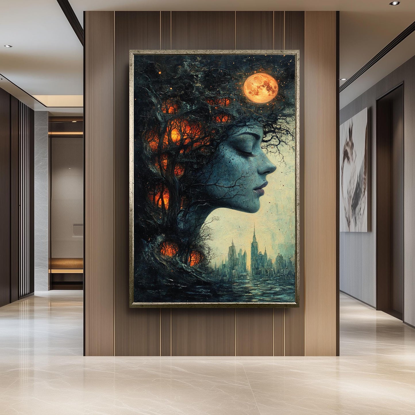 Surreal Woman Forest Canvas Art: Dreamlike Cityscape Wall Decor