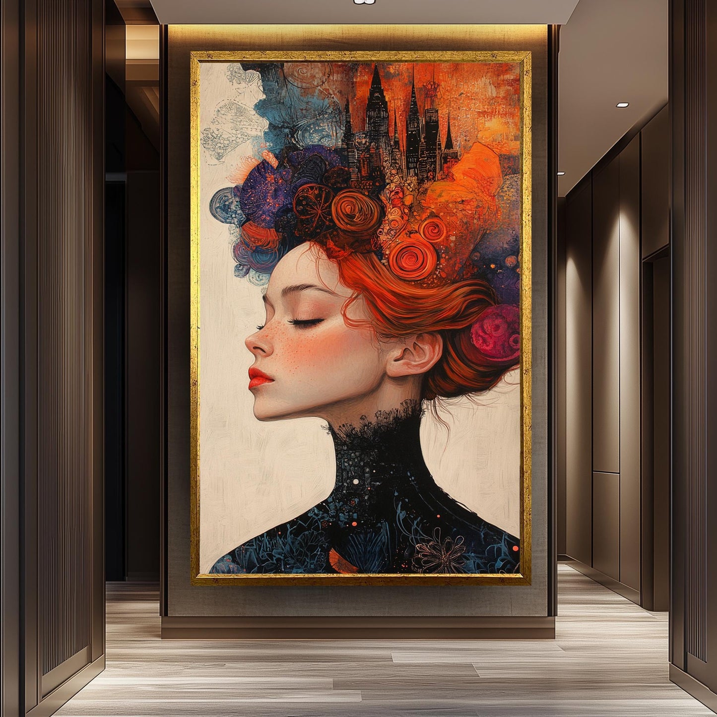 Surreal Woman Art Print: Fiery Red Hair, Abstract Cityscape