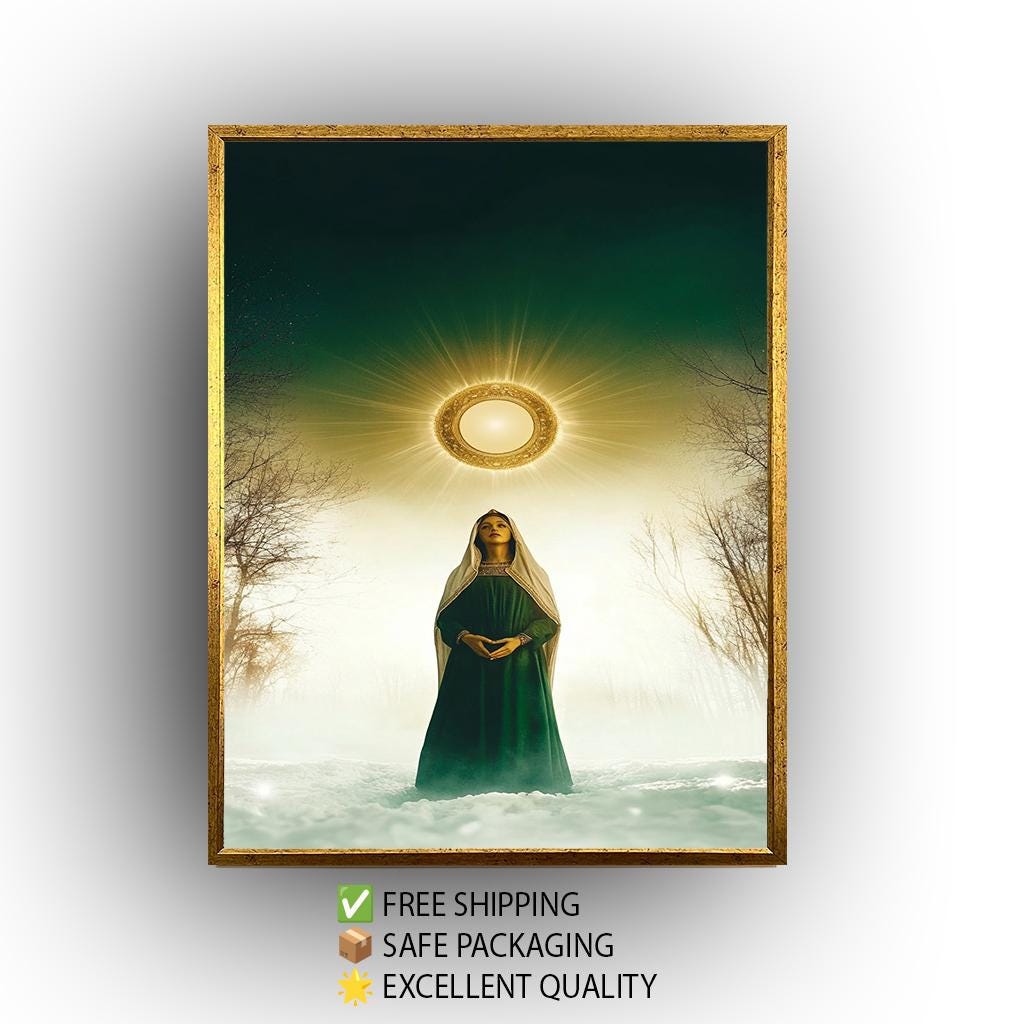 Mystical Virgin Mary Wall Art in Green Robe with Radiant Halo and Snowy Forest, Sacred Christian Canvas Print for Faithful Home Decor
