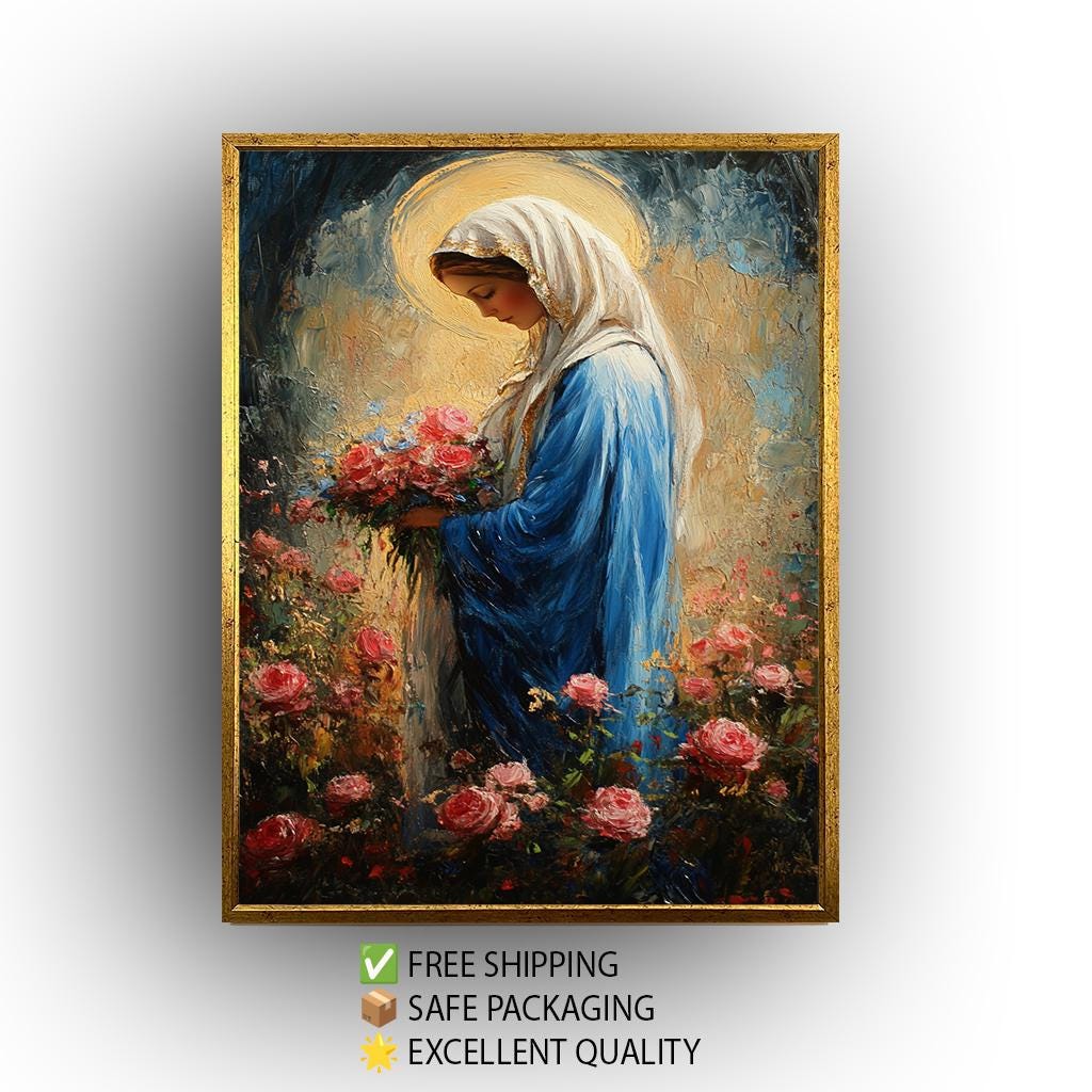 Impressionist Virgin Mary Painting with Pink Roses and Golden Halo, Catholic Floral Canvas Art for Spiritual Home or Chapel Decor