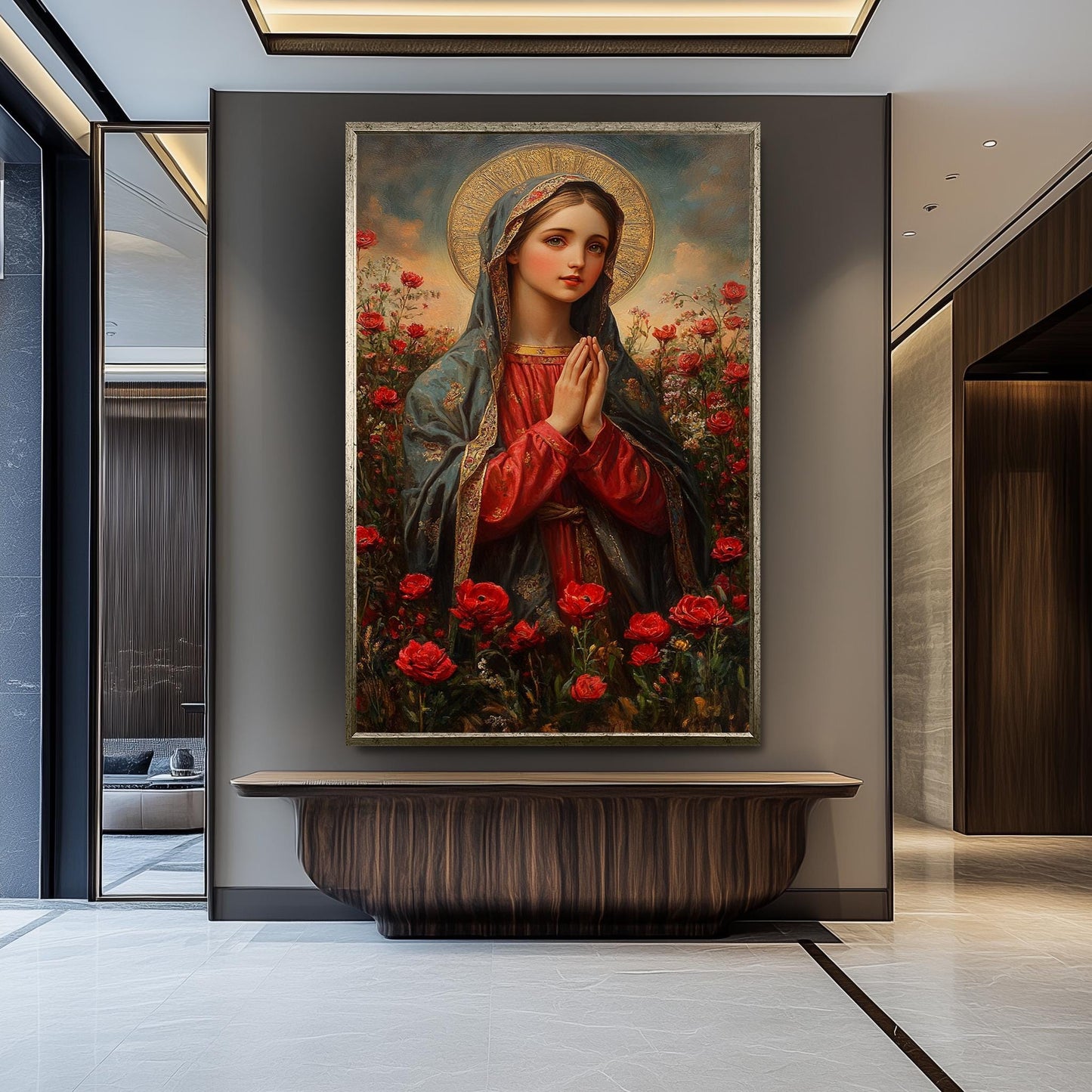 Virgin Mary Canvas Print: Golden Halo, Red Roses, Catholic Art