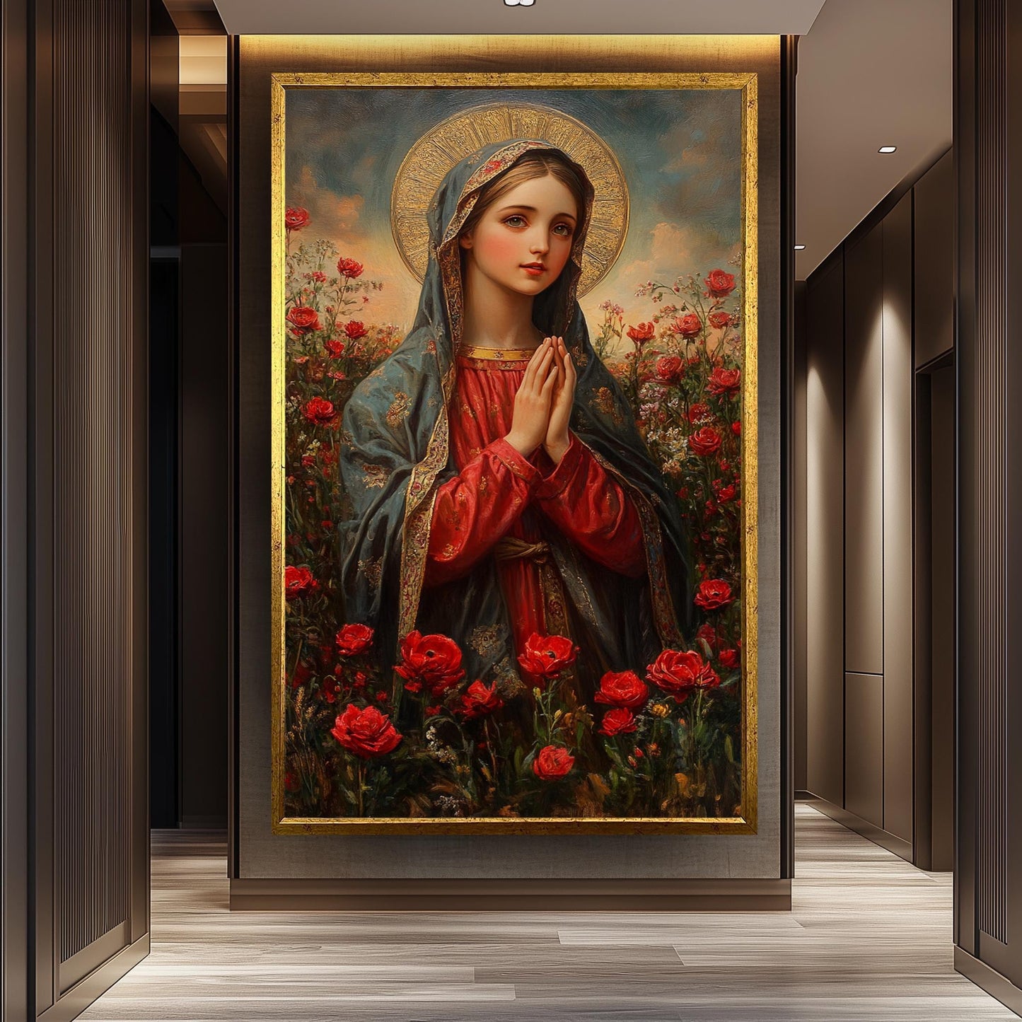 Virgin Mary Canvas Print: Golden Halo, Red Roses, Catholic Art