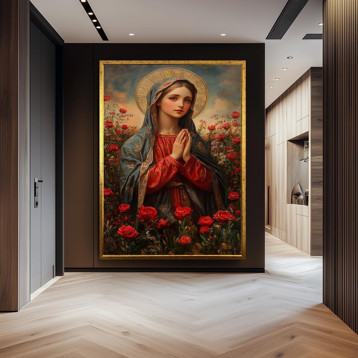 Virgin Mary Canvas Print: Golden Halo, Red Roses, Catholic Art