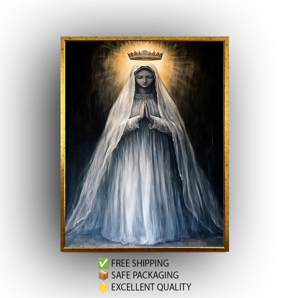 Crowned Virgin Mary Painting in Radiant Light and Flowing White Veil, Catholic Spiritual Canvas Art for Prayer Room or Sacred Home Decor