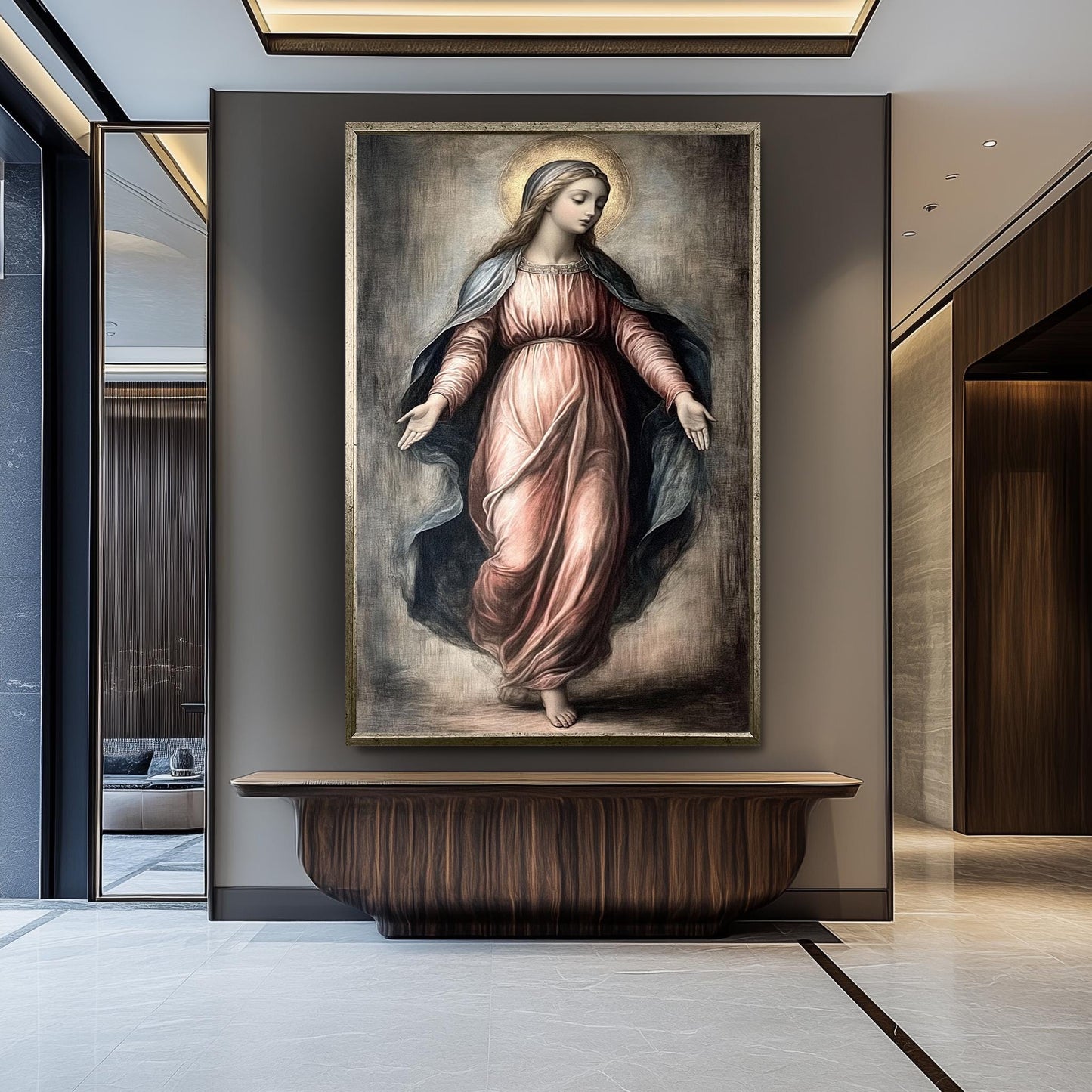 Classic Virgin Mary Painting in Flowing Rose Gown with Golden Halo, Catholic Renaissance Style Canvas Art for Prayer Room or Sacred Decor