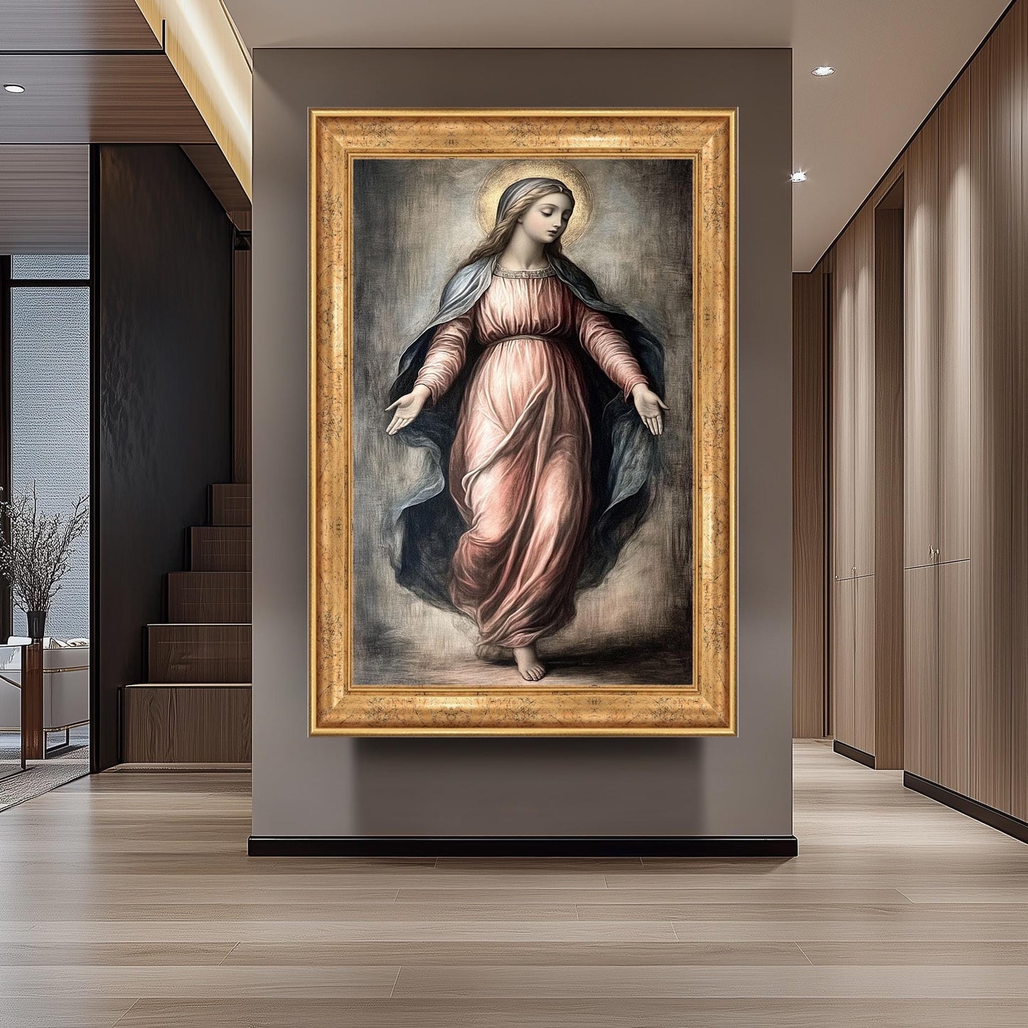 Classic Virgin Mary Painting in Flowing Rose Gown with Golden Halo, Catholic Renaissance Style Canvas Art for Prayer Room or Sacred Decor