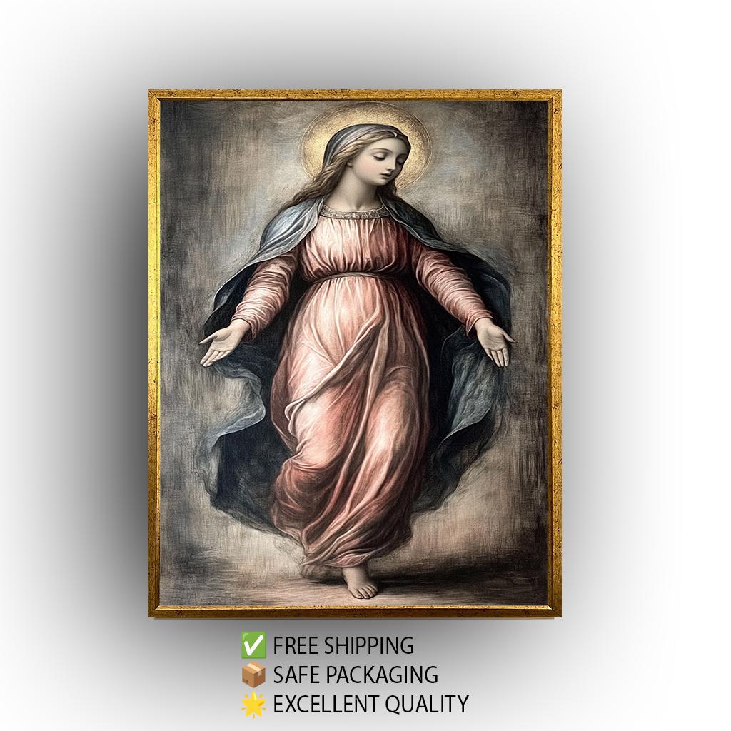 Classic Virgin Mary Painting in Flowing Rose Gown with Golden Halo, Catholic Renaissance Style Canvas Art for Prayer Room or Sacred Decor
