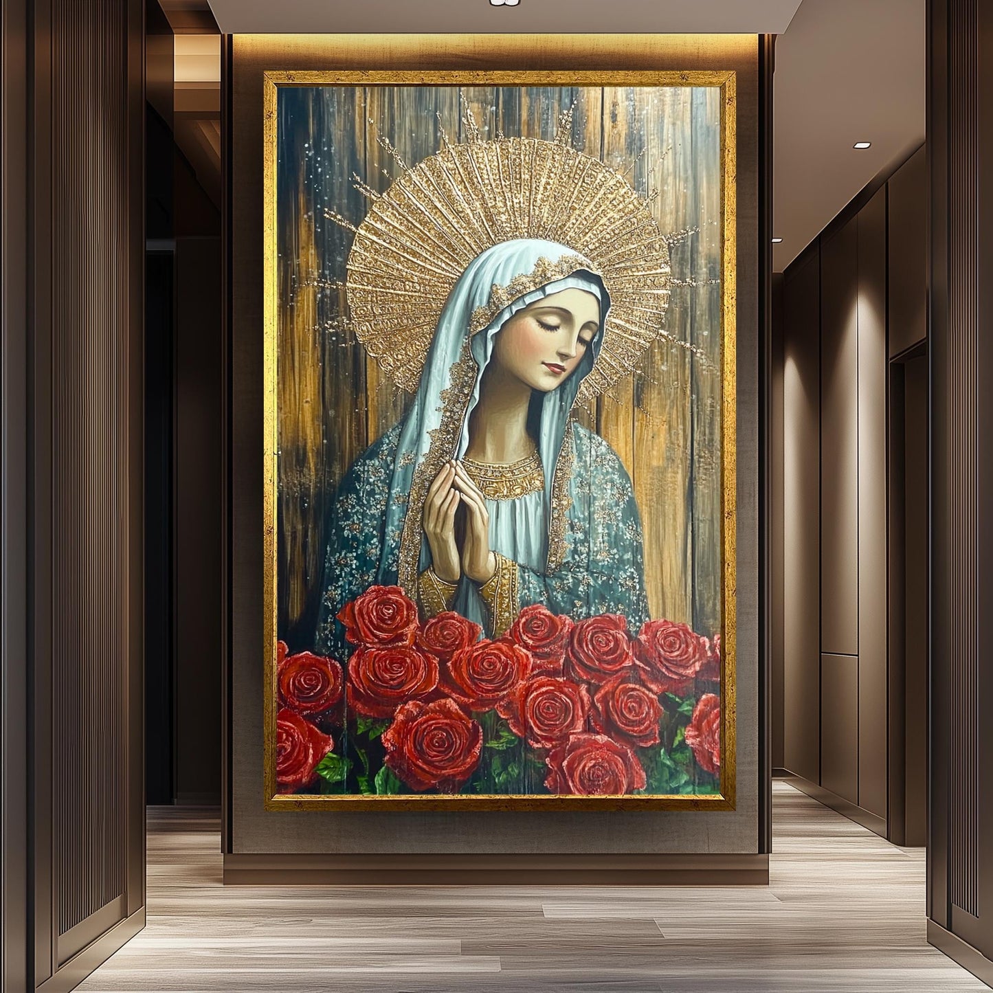 Virgin Mary Painting with Red Roses and Gold Halo, Ornate Catholic Canvas Art for Prayer Room, Spiritual Gift or Religious Home Decor
