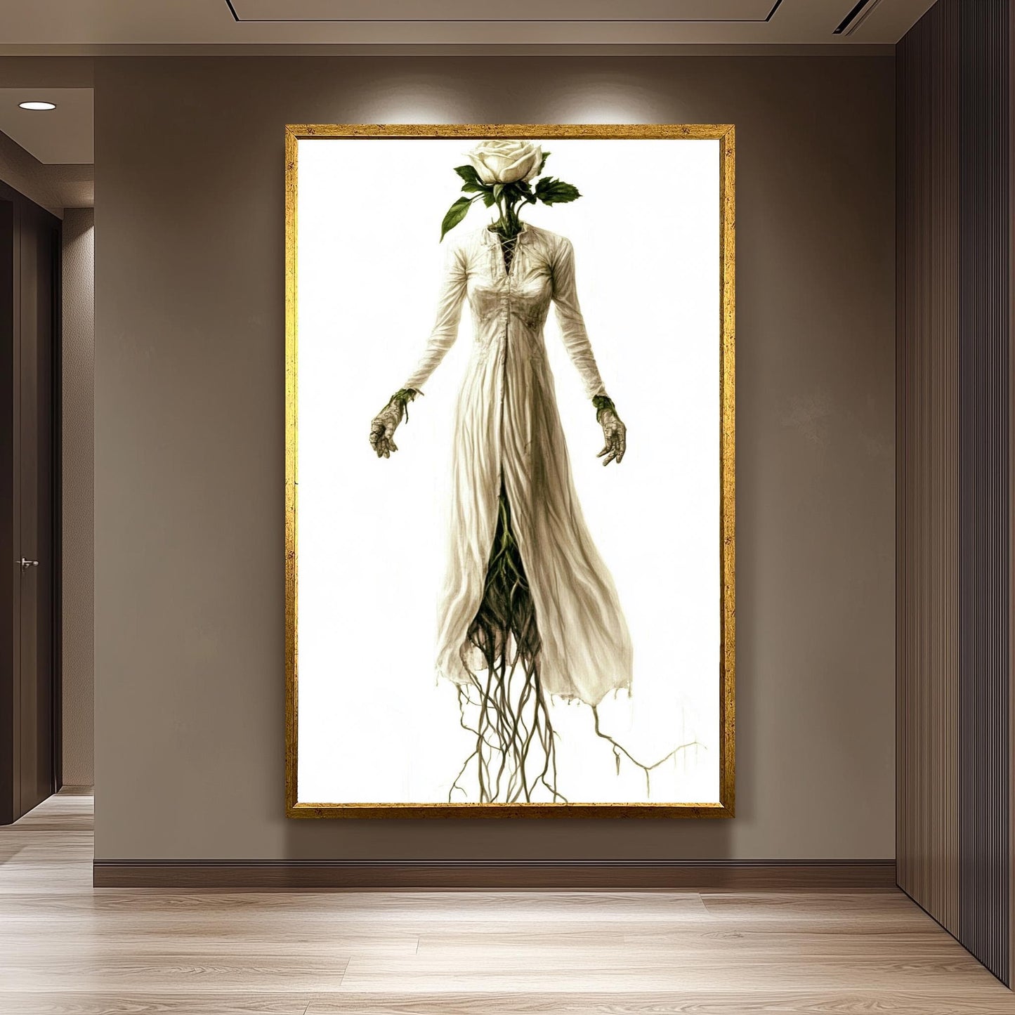 Botanical Gothic Woman Art Print: Surreal Rose Head Decor