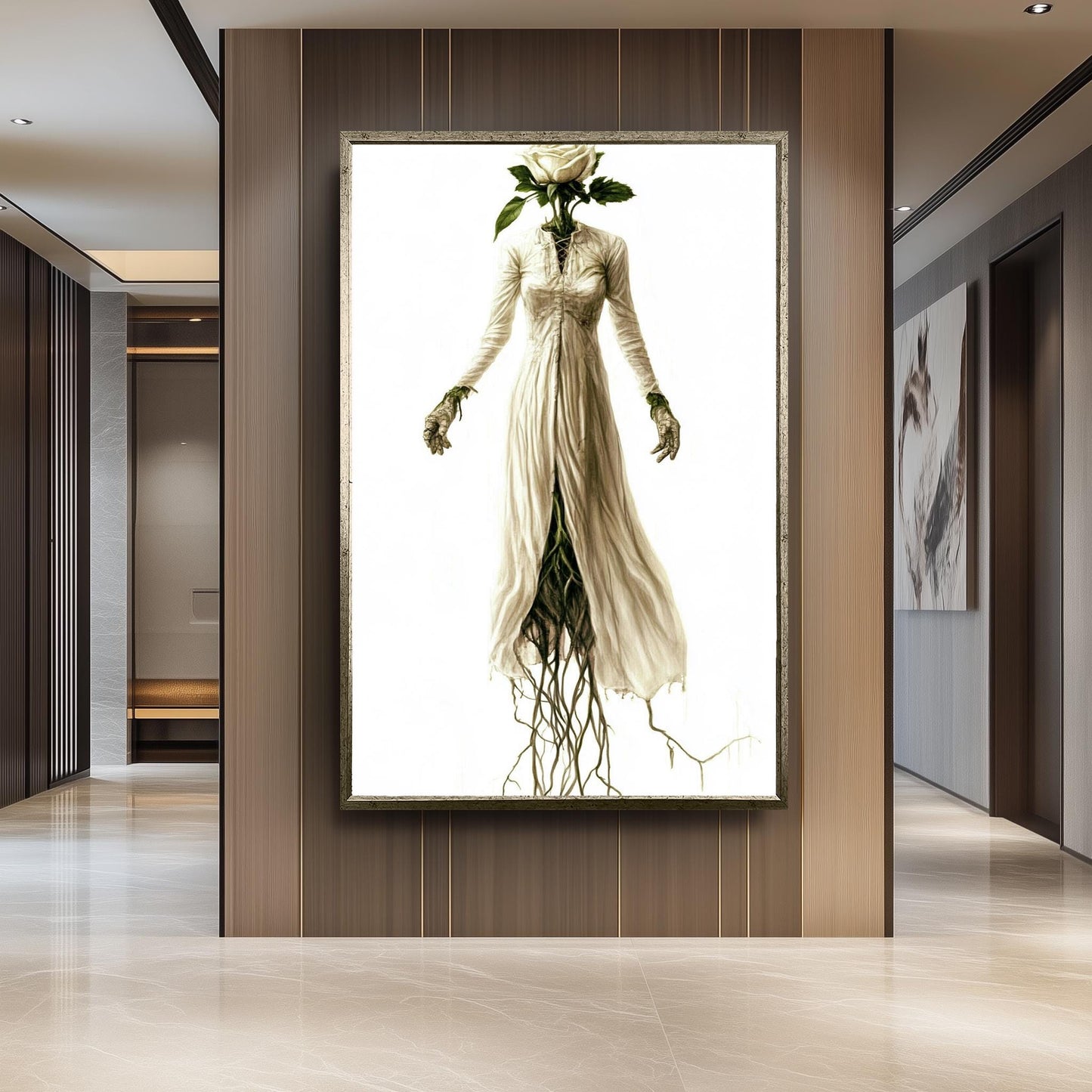 Botanical Gothic Woman Art Print: Surreal Rose Head Decor