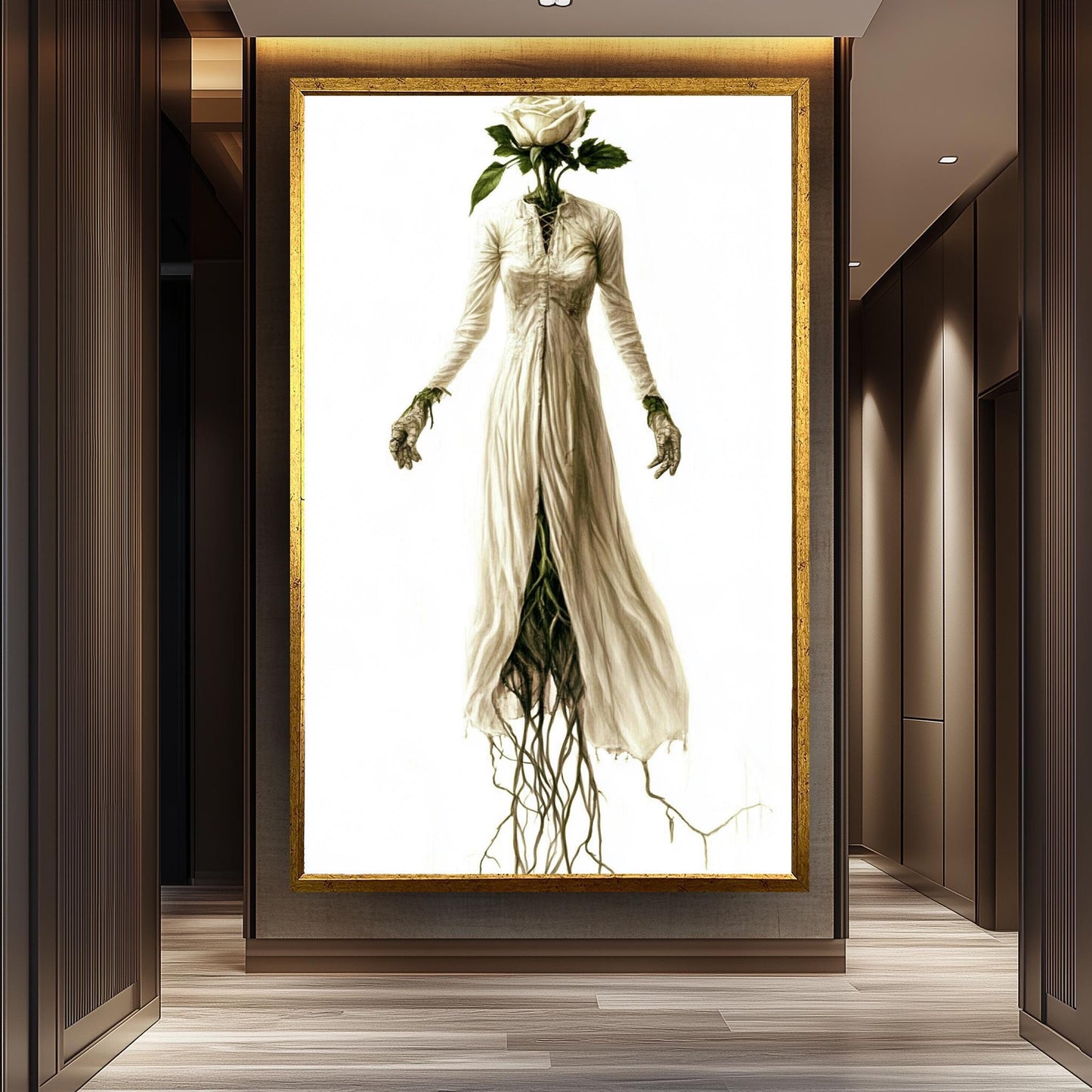Botanical Gothic Woman Art Print: Surreal Rose Head Decor